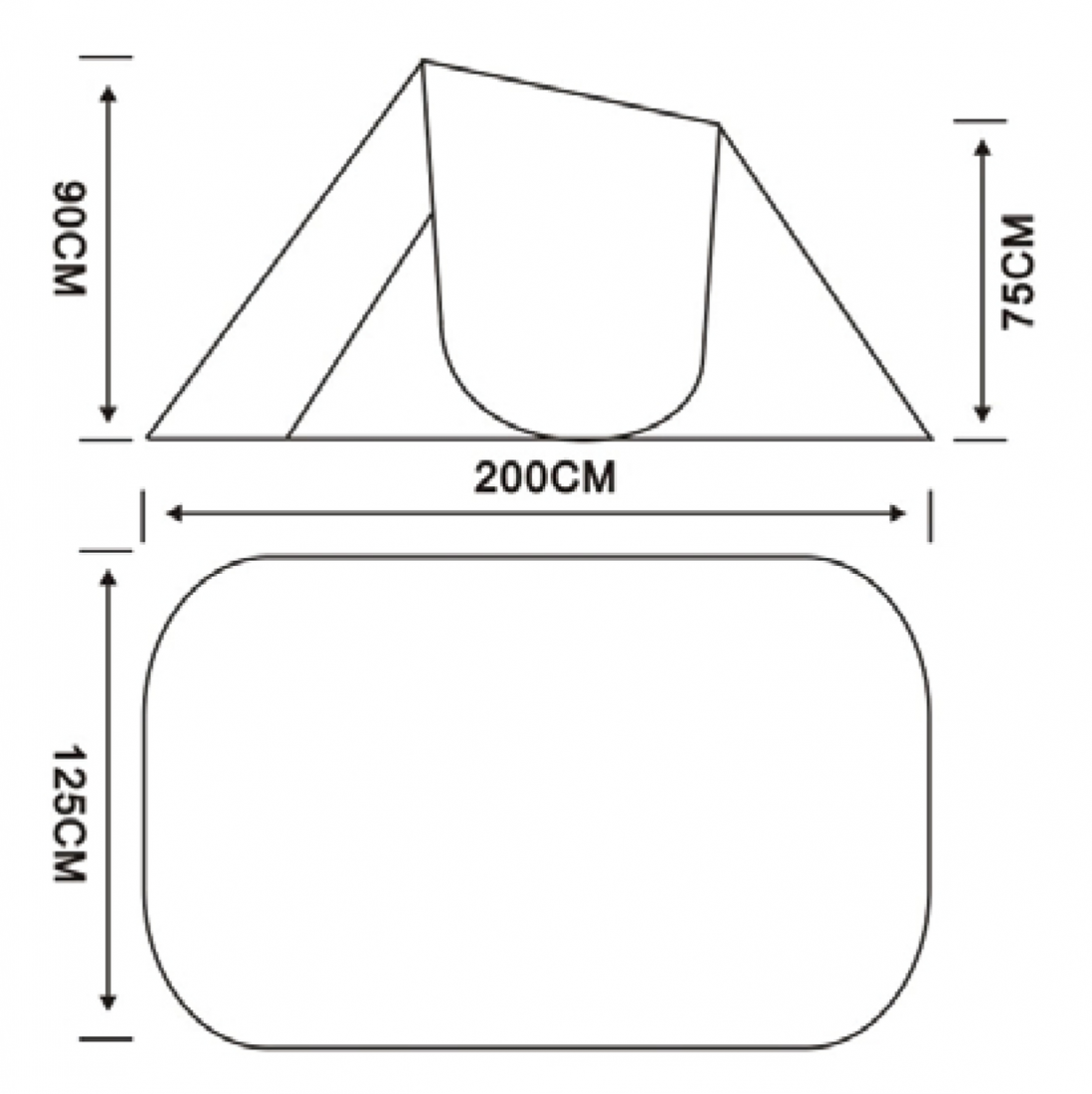 Skizze der 10T Pop Up Strandmuschel Flower mit Maßen: 200 cm Breite, 125 cm Tiefe, 90 cm und 75 cm Höhe; geeignet für 2 Personen, ideal als UV 50+ Sonnenschutz und Windschutz am Strand.