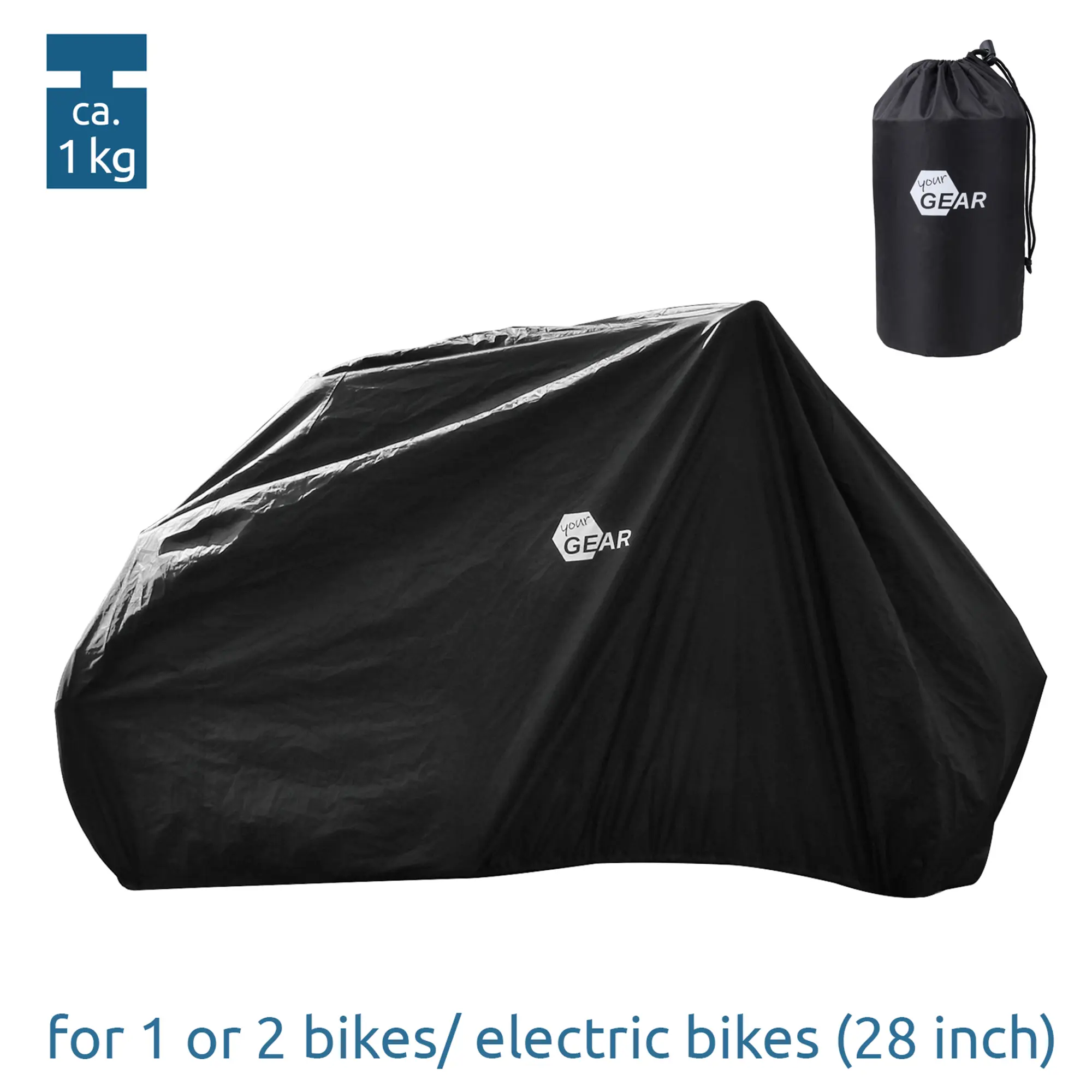 Housse yourGEAR Malaga noire pour 2 vélos sur porte-vélos arrière, imperméable, adaptée aux vélos 28 pouces, livrée avec sac de rangement, poids environ 1 kg, logo yourGEAR visible.