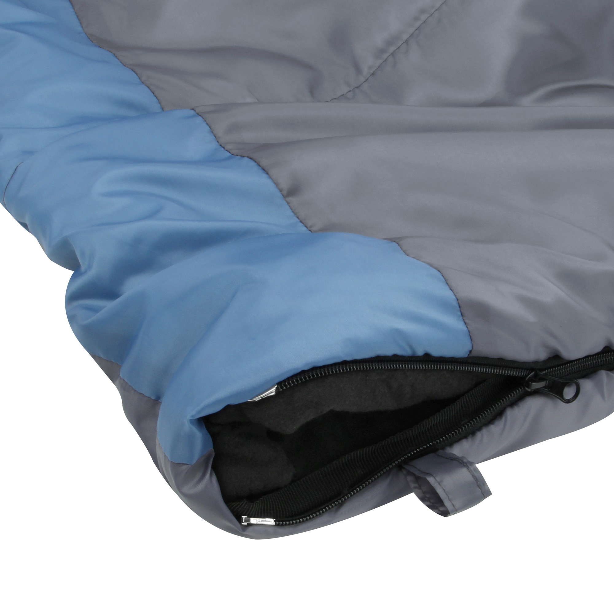 yourGEAR XXL Schlafsack Sumatra in Blau und Grau, Detailaufnahme des Reißverschlusses und doppelter Steppung, warm gefüttert, geeignet für 3-4 Jahreszeiten, 230x100 cm, Baumwoll-Innenfutter.