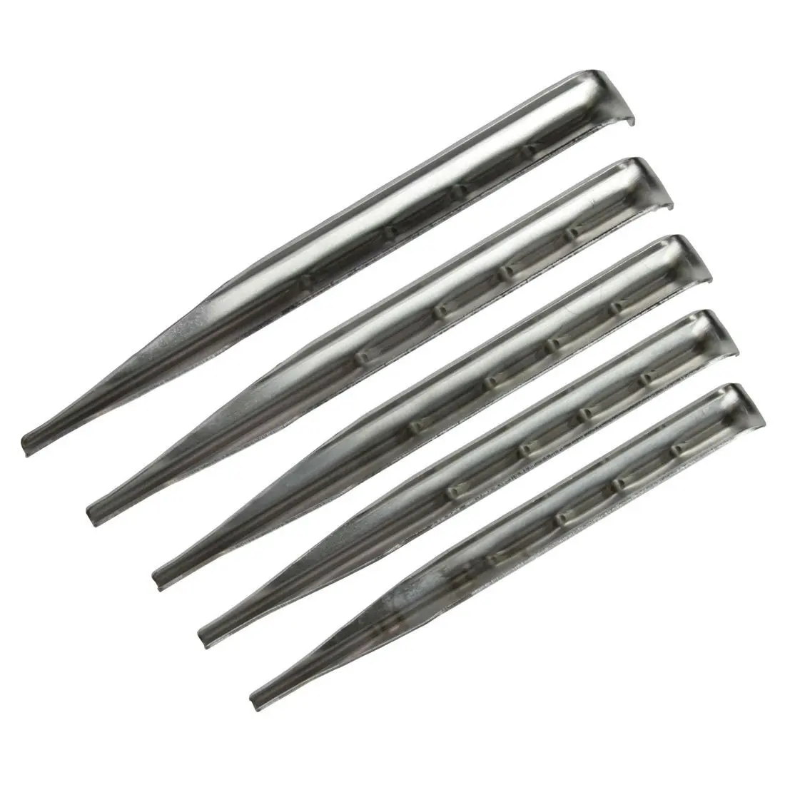 Fünf 10T PEG IT VP-18DA Camping Zelt-Heringe aus Aluminium mit V-Profil, je 18x180mm, silberfarben, robust für normale Böden, ideal zum sicheren Befestigen von Zelten und Outdoor-Ausrüstung.