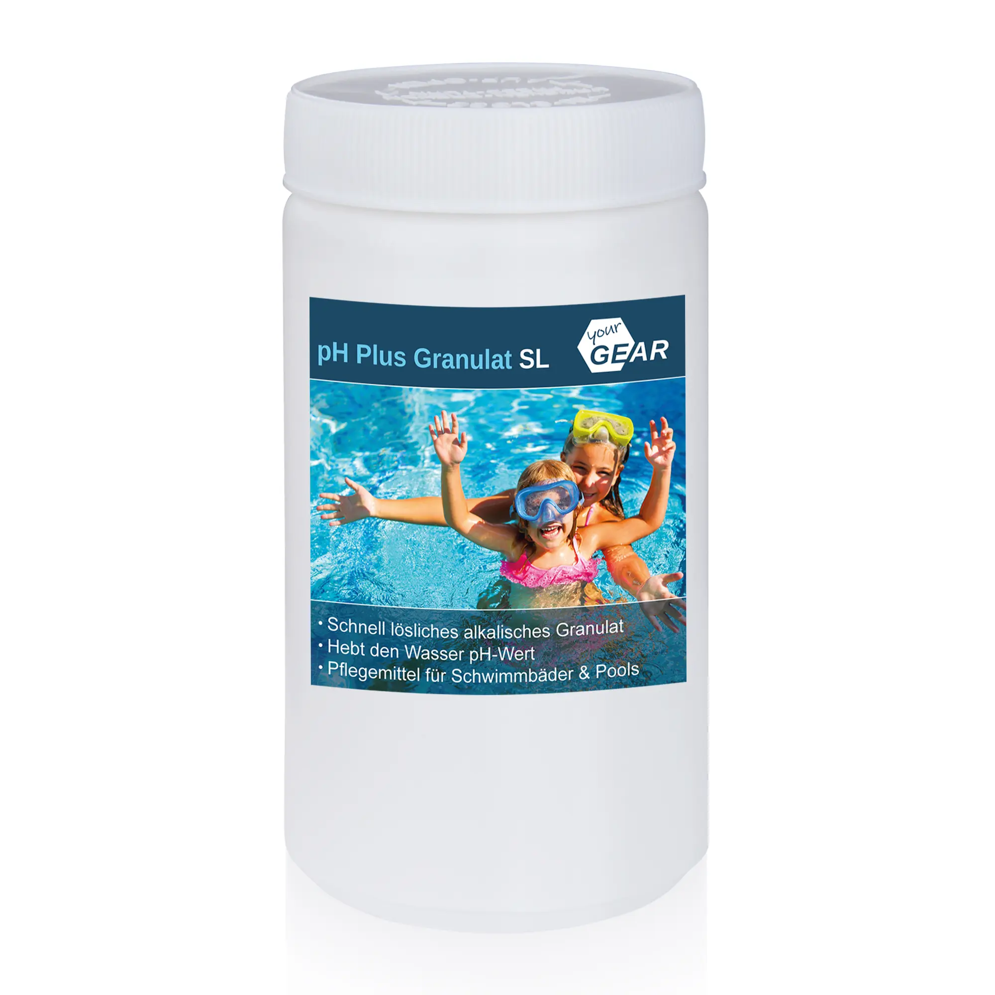 Weiße Dose yourGEAR pH Plus Granulat SL, 1 kg, mit blauem Etikett, Produktbild zeigt zwei Kinder im Pool. Zur schnellen pH-Wert-Erhöhung und Wasserpflege für Schwimmbäder und Pools.