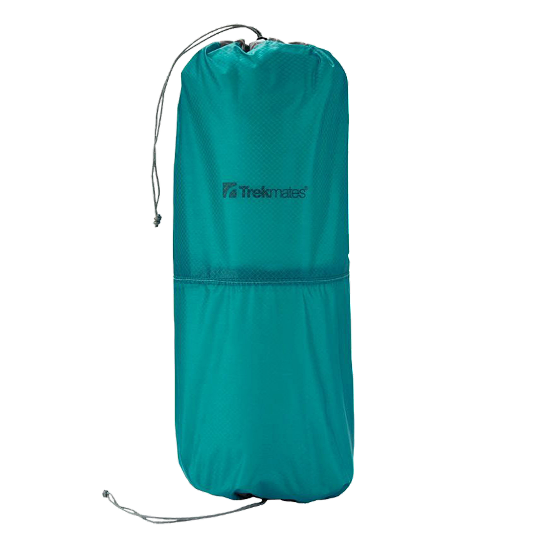 Bolsa organizadora Trekmates Stuff Bag 4L en color turquesa, fabricada en nailon impermeable, con dos compartimentos y apertura de cordón en ambos lados, ideal para organizar equipaje de viaje.