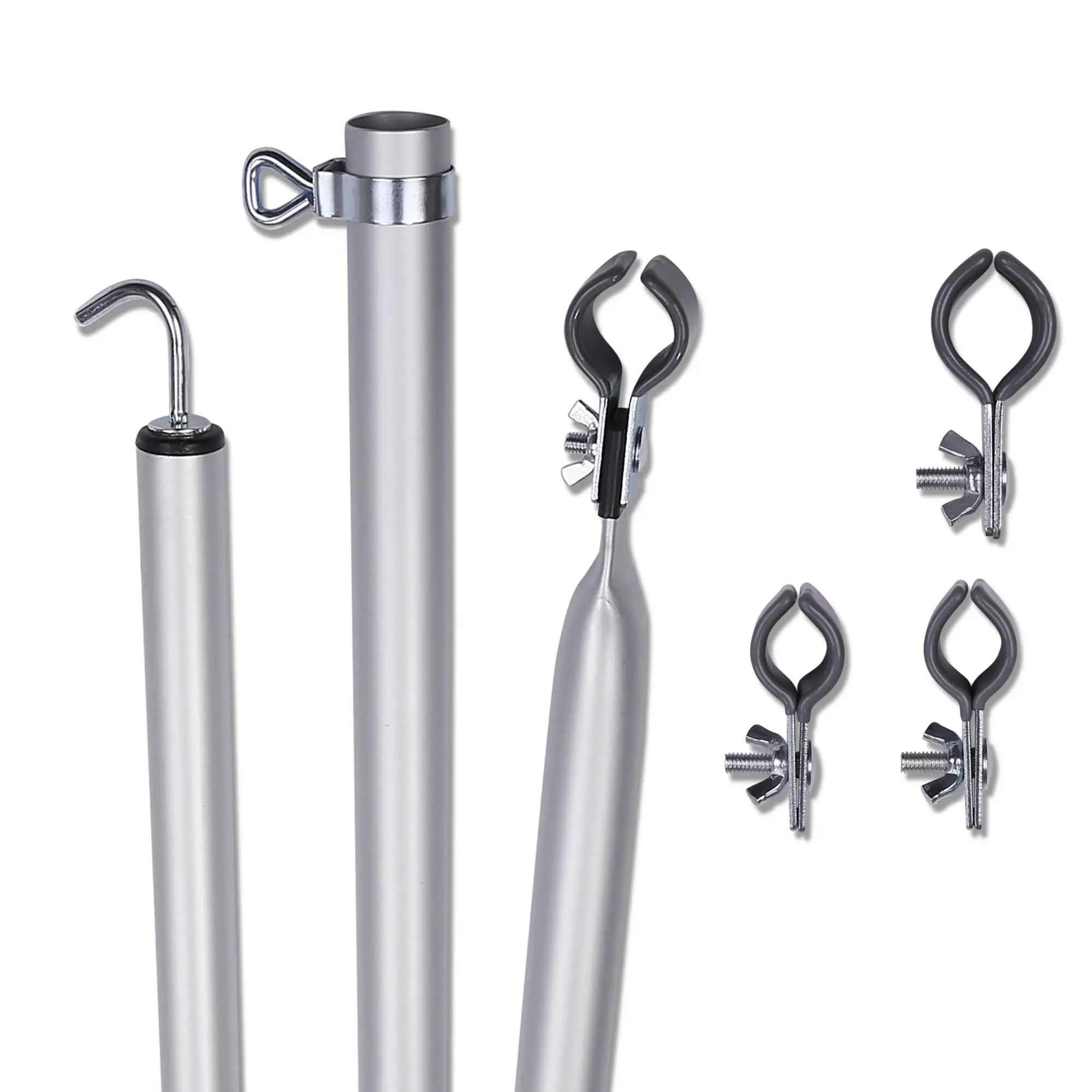 your GEAR Roof Pole Set: two telescopic aluminium roof poles (230–325 cm) with hook and clamp ends, four black clamps, suitable for caravan awnings, adjustable for 22-32 mm frames.