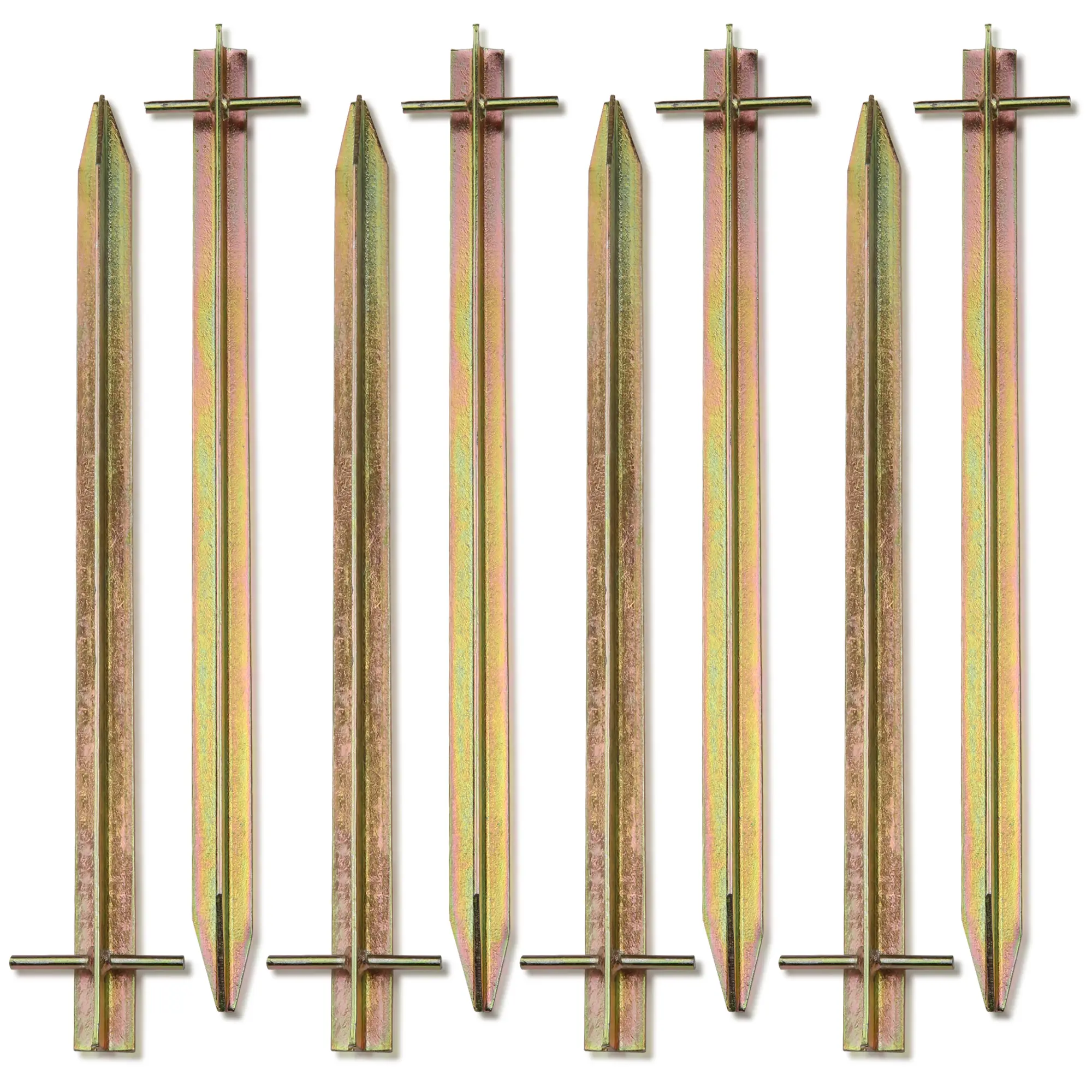 Set de 8 piquetas de acero your GEAR TX 400 con perfil en T, color metálico dorado, longitud 400 mm, robustas y resistentes, ideales para fijar tiendas de campaña grandes y soportar vientos fuertes.