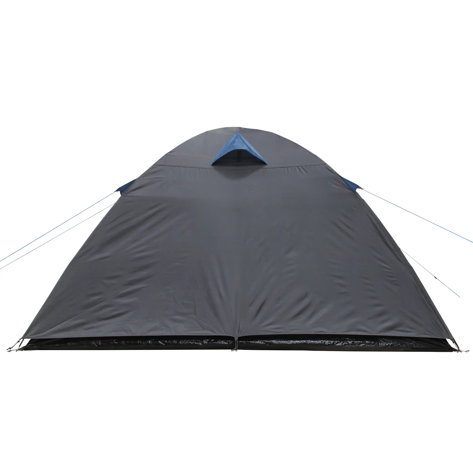 Blue and grey yourGEAR Posada 4 dome tent for 4 people, shown from the front with closed entrance, ventilation window, and guy lines, highlighting its waterproof 3000 mm design for camping and outdoor use.