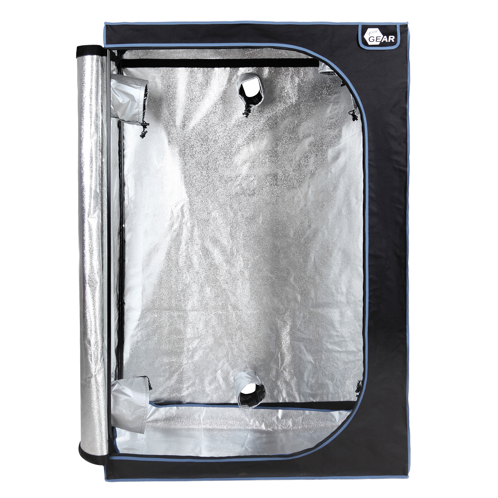 Growzelt yourGEAR Plantsville 120x60x180 cm, schwarzes Indoor Zuchtzelt mit silberner reflektierender Innenbeschichtung und mehreren Lüftungsöffnungen, ideal für Pflanzenanzucht und Hydrokultur.