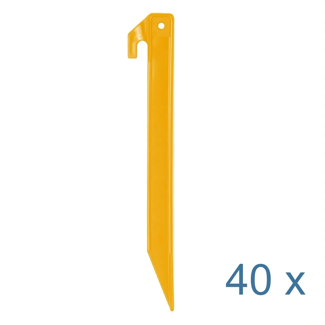 Set di 40 yourGEAR T30-ABS picchetti gialli in plastica ABS, profilo a T, dimensioni 300x20x20 mm, con punta affilata e gancio superiore per fissaggio tende su terreni da campeggio.