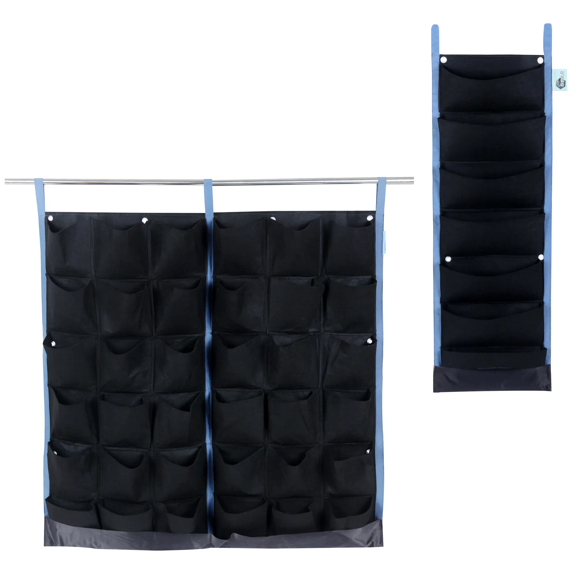 Pflanztasche yourGEAR Growbag mit 7 schwarzen Vliestaschen, vertikales Design für Wand- oder Zaunmontage, blaue Umrandung, ideal für Kräuter und kleine Pflanzen, wiederverwendbar und atmungsaktiv.