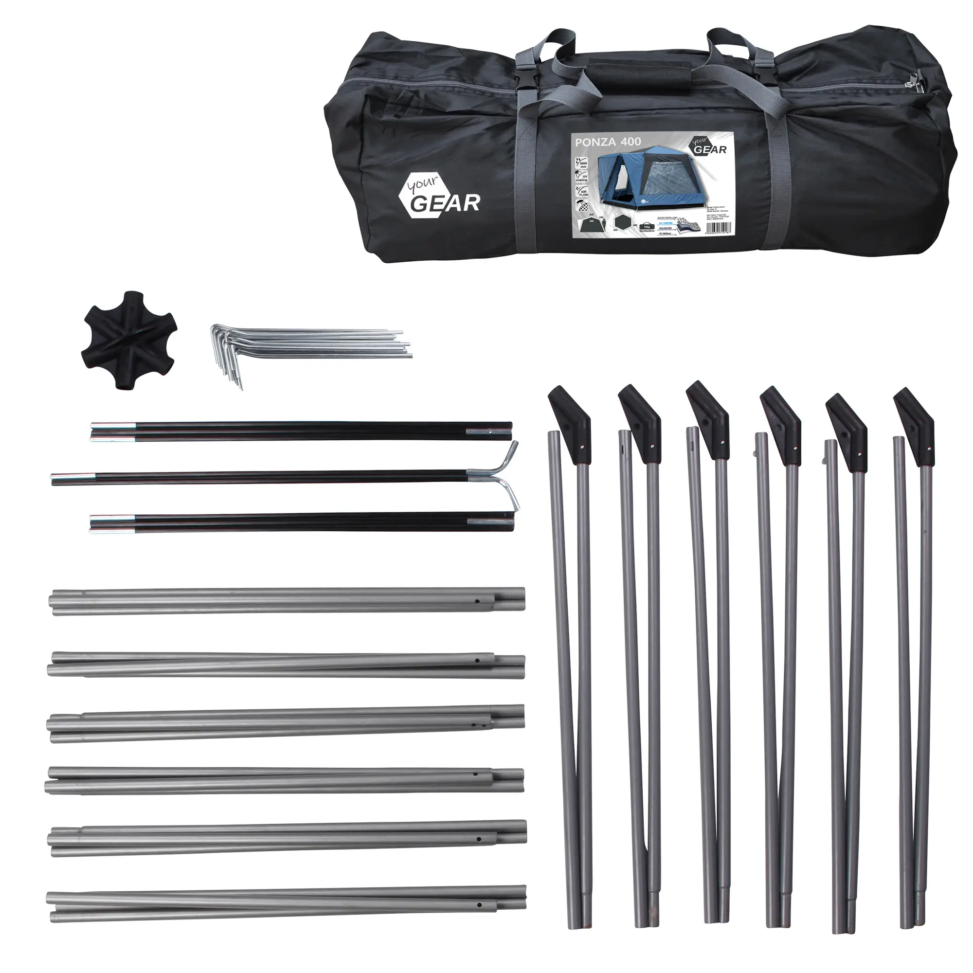 Sac de transport your GEAR Ponza 400 avec arceaux, piquets, connecteurs et accessoires pour tente dôme familiale 4 m, grande capacité, adapté aux événements et festivals, facile à monter.