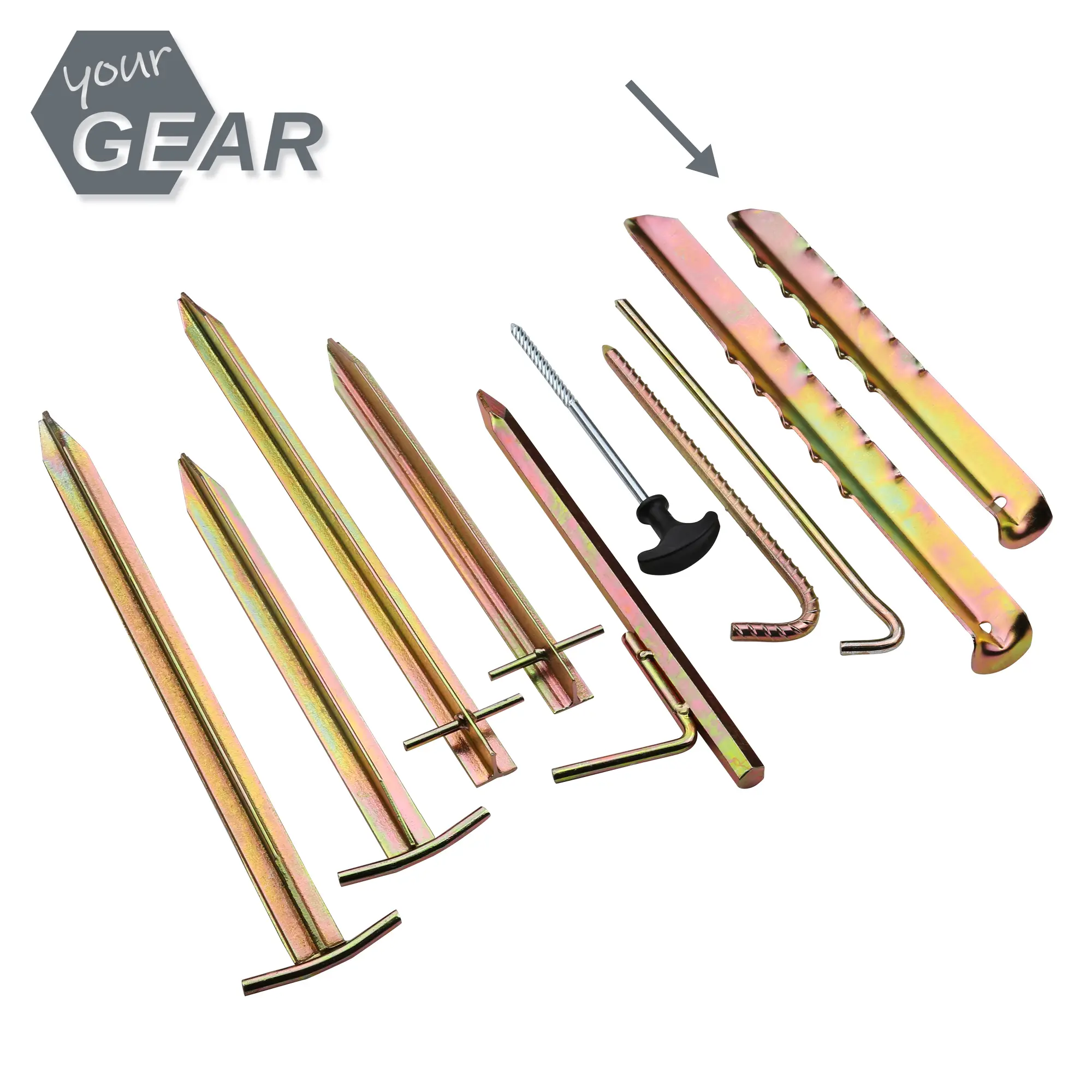 Set di 12 your GEAR Zeltheringe VX 300, V-Profil Heringe aus Stahl, 300 x 35 x 15 mm, mit Widerhaken, verschiedene Formen und Größen, robust, ideal zur Zeltbefestigung, goldfarben.