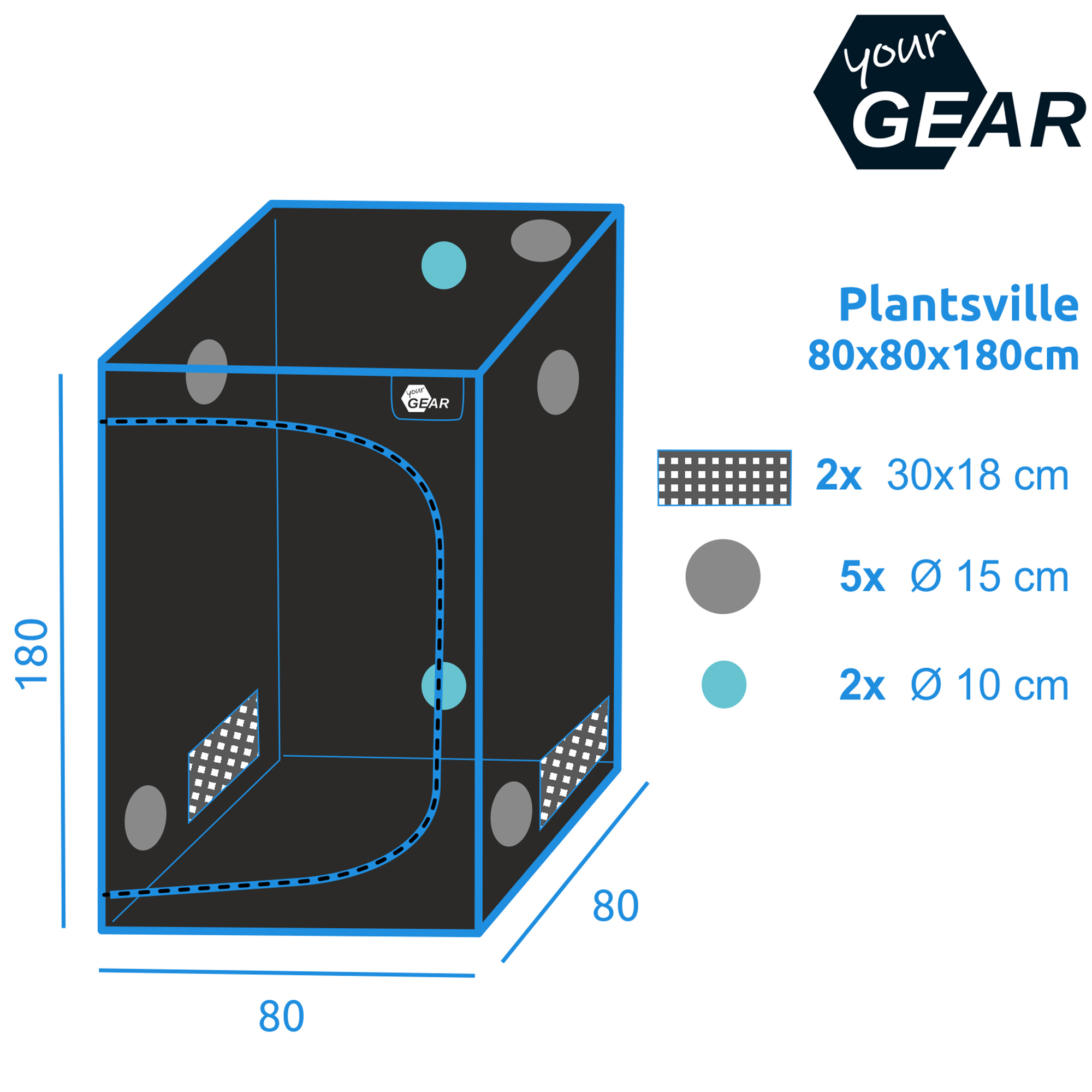 Growzelt yourGEAR Plantsville 80x80x180 cm, schwarzes Indoor-Zuchtzelt mit mehreren Belüftungsöffnungen (2x 30x18 cm, 5x Ø15 cm, 2x Ø10 cm), blau umrandet, ideal für Pflanzenanzucht.