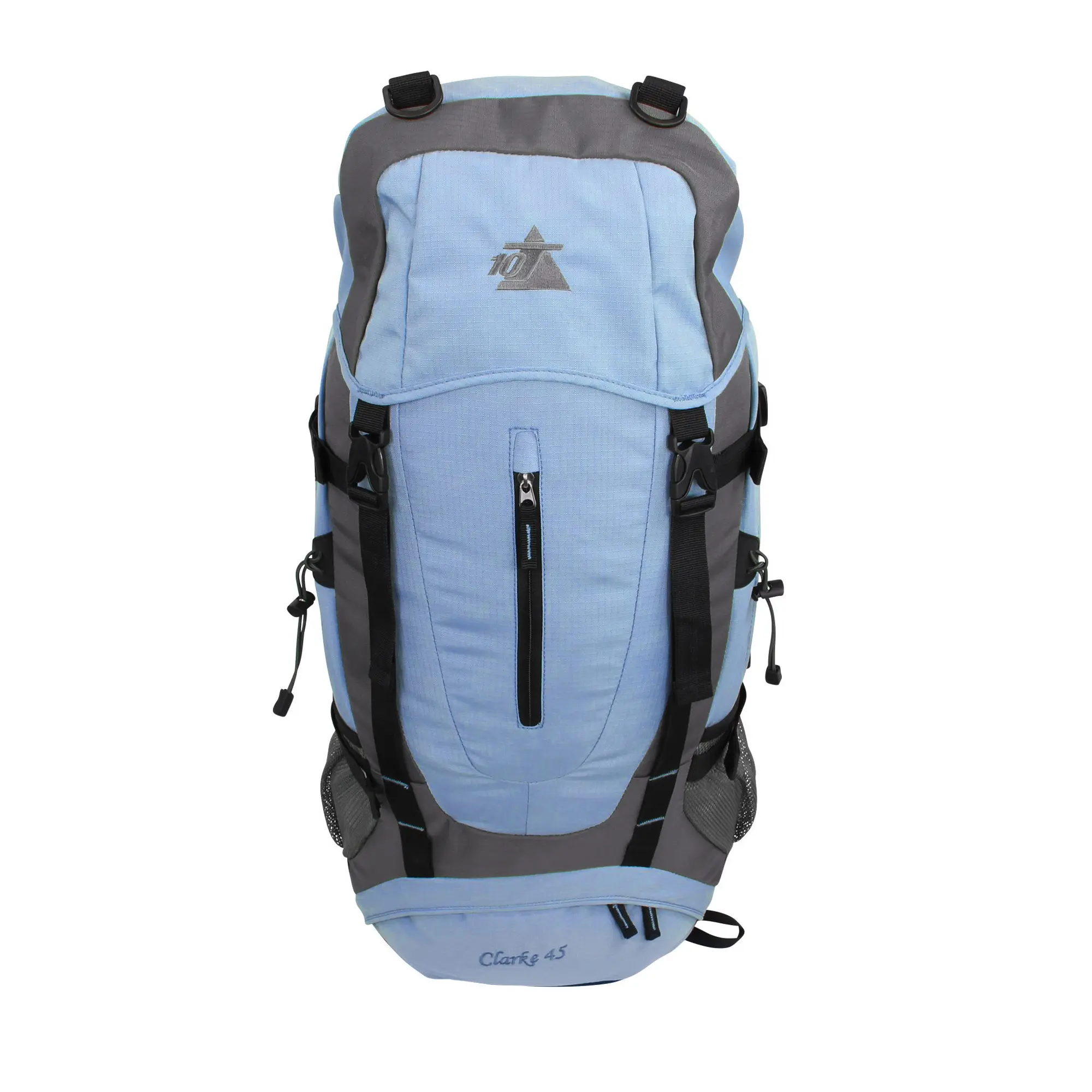 Zaino da trekking 10T Clarke 45L in blu e grigio, con tasca frontale con zip, spallacci imbottiti, cinghie di compressione, scomparti laterali in rete e logo 10T visibile sulla parte superiore.