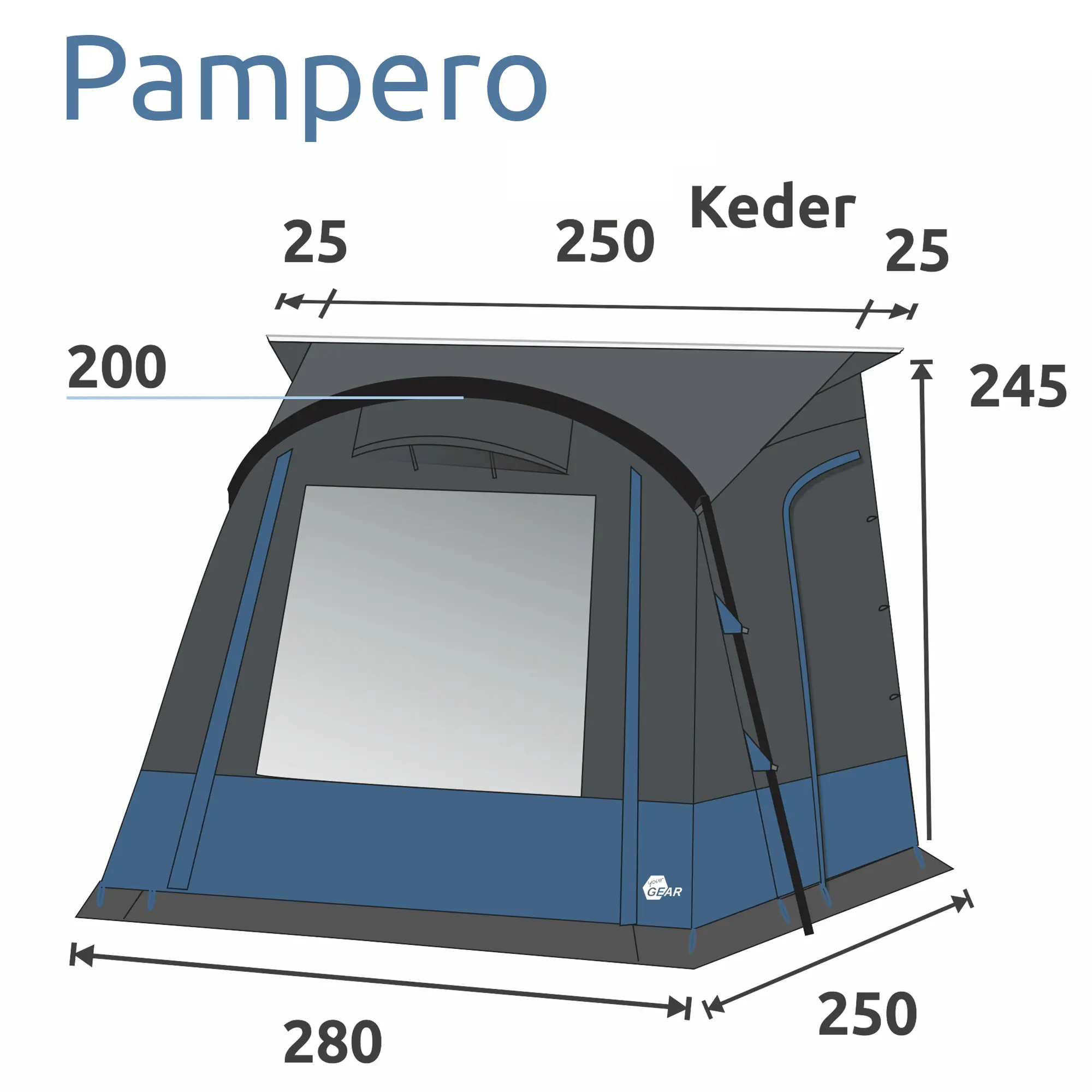 Vorzelt your GEAR Pampero 280 für Wohnwagen, mit großem Frontfenster, zwei Eingängen, graublaue Farbe, Maße 280x250x245 cm, Keder 7 mm, ideal als wettergeschützter Eingangsbereich.
