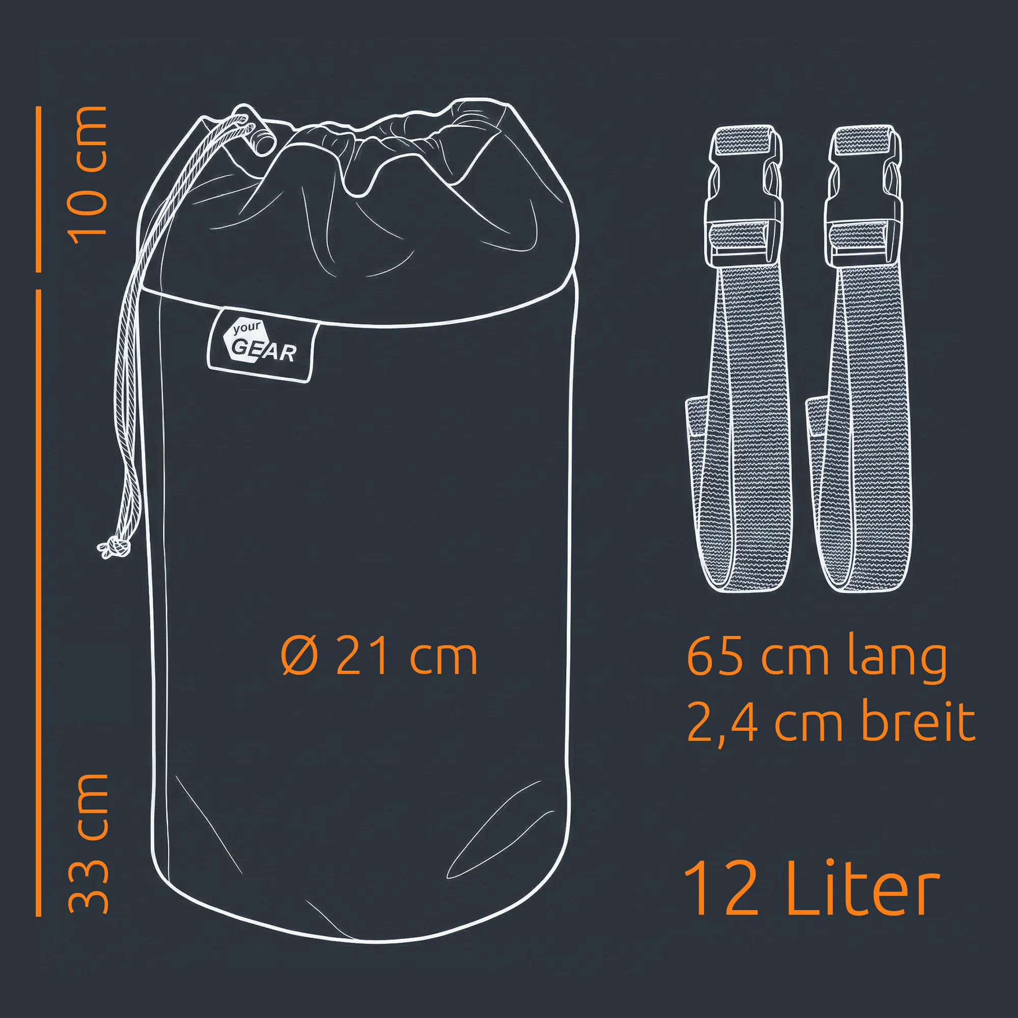 Illustration d’un sac étanche cylindrique (33×Ø21 cm) avec cordon de serrage, deux sangles amovibles (65 cm × 2,4 cm) et indication de capacité 12 litres.