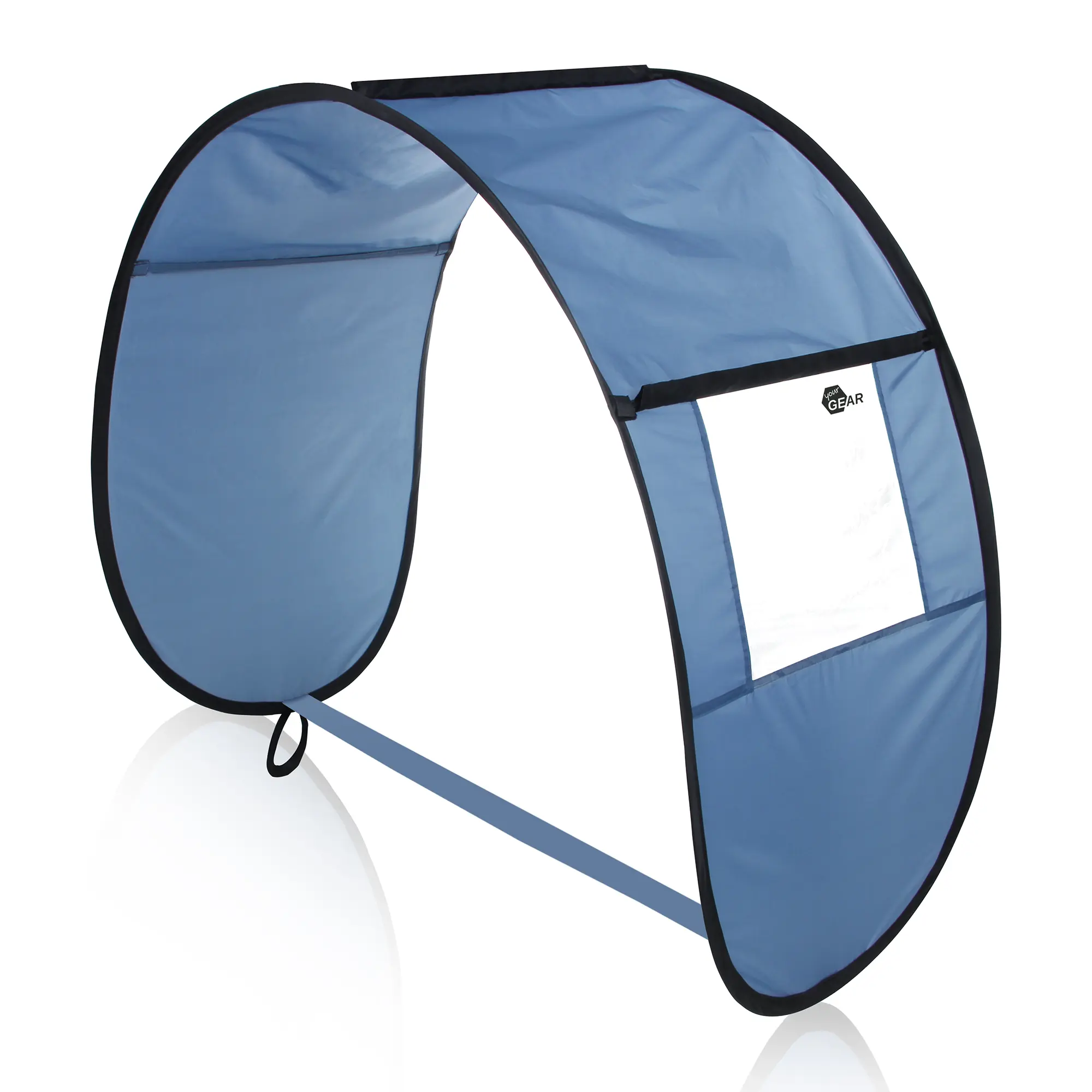 Techo parasol azul yourGEAR Pop Up Trolley Roof para carro de playa o bollerwagen, con estructura ligera, ventana transparente y bordes negros, fácil de montar y plegar, ideal para protección solar y lluvia.