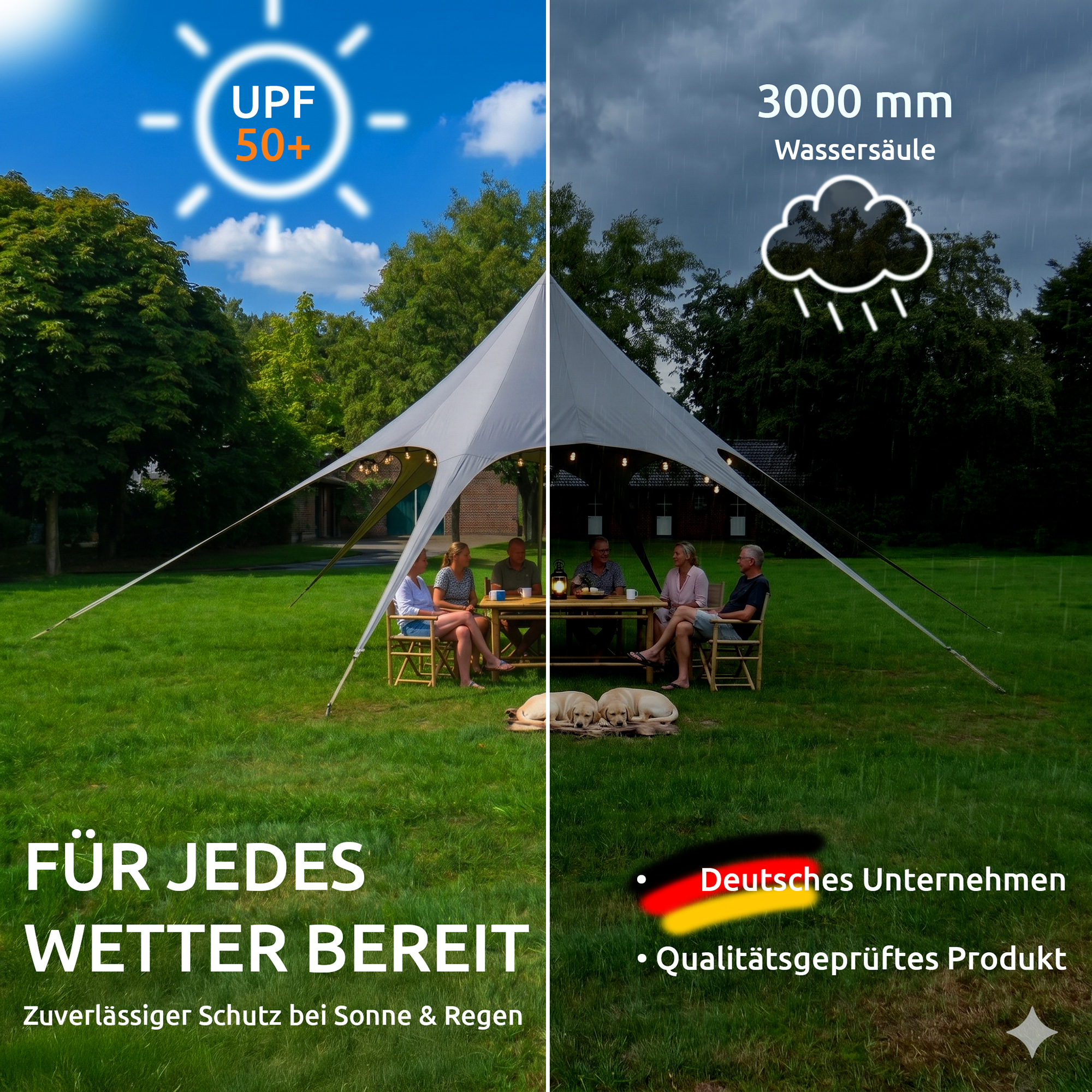 Großes weißes Sternzelt (Ø 10 m, Firsthöhe 4 m) auf grüner Wiese, gespannt mit Abspannleinen, darunter Sitzgruppe mit Menschen, zeigt UPF 50+ Sonnenschutz und 3000 mm Wassersäule für Regen – your GEAR Sonora PES Pavillon.