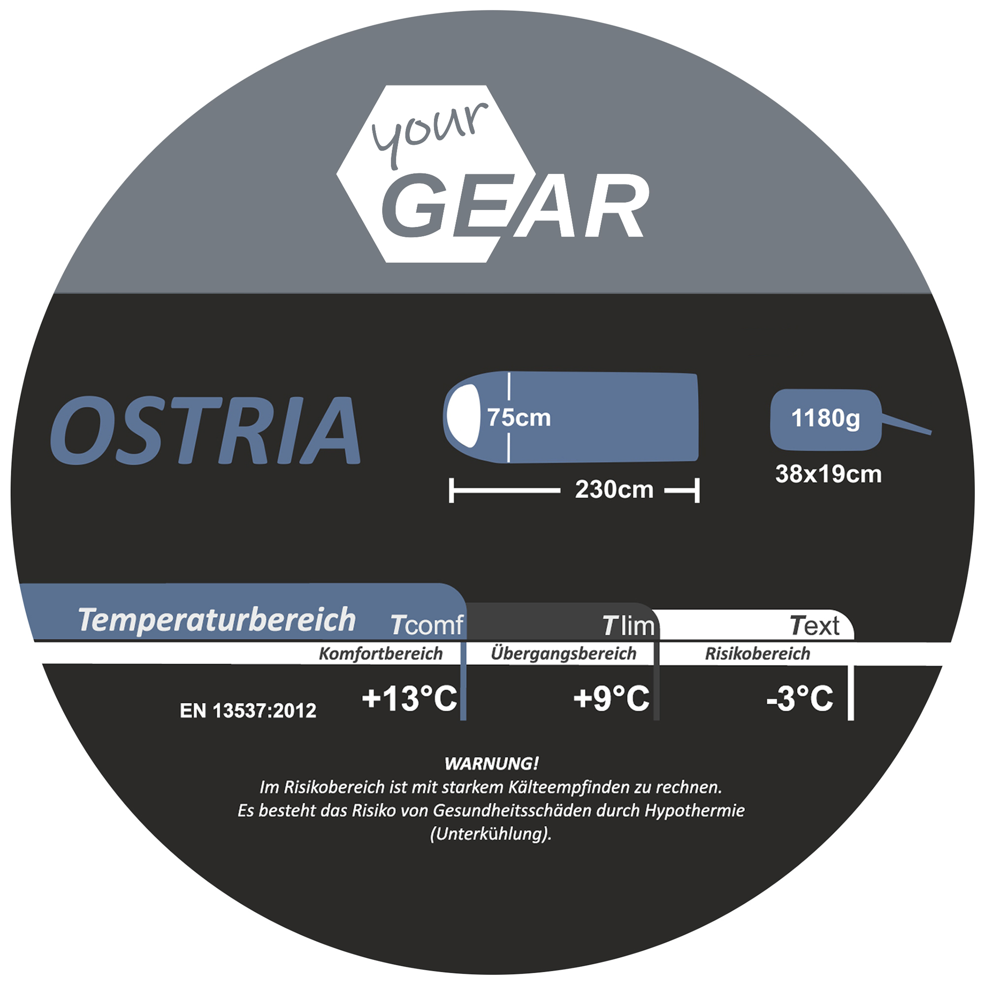Saco de dormir yourGEAR Ostria azul y gris, 230x75cm, peso 1180g, rango de temperatura hasta -3°C, con bolsa de compresión, ideal para verano y trekking por su tamaño compacto y ligereza.