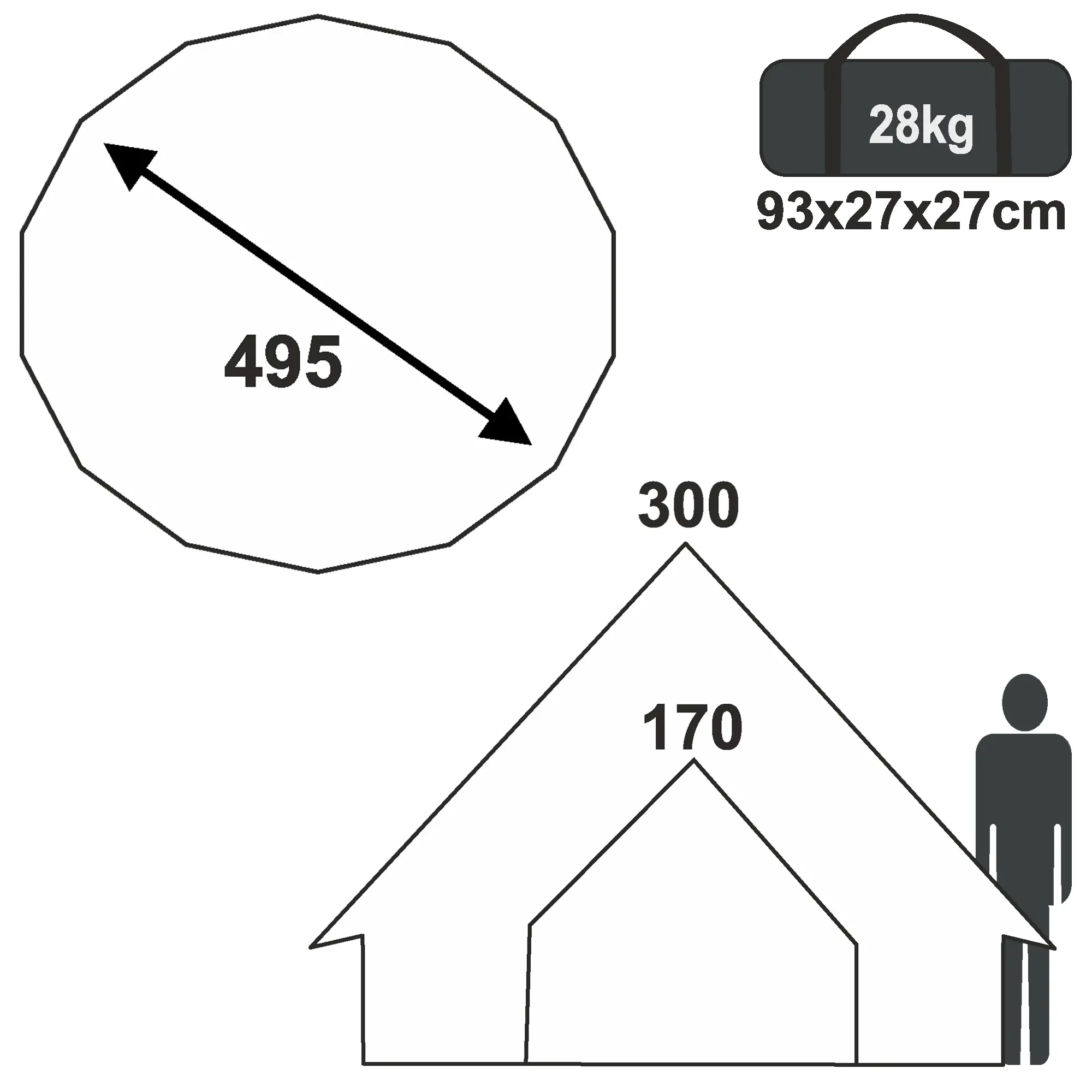 Diagrama del yourGEAR Zelt Desert 10 Pro: tienda tipi familiar de algodón, diámetro 495 cm, altura máxima 300 cm, altura entrada 170 cm, peso 28 kg, bolsa de transporte 93x27x27 cm. Ideal para 6-10 personas.