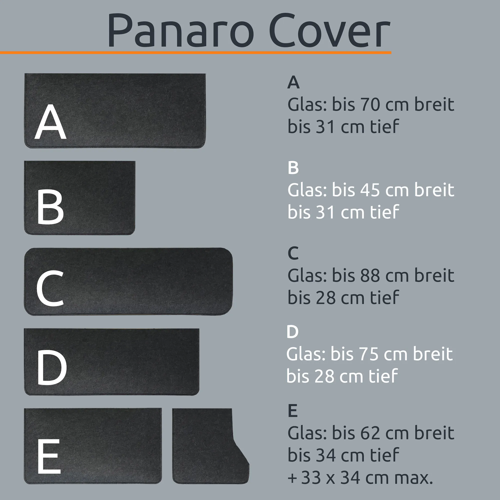 Cubierta Panaro A de fieltro negro gris oscuro (4,8 mm) rectangular con bordes redondeados, diseño antirruido para encimeras y fregaderos de caravanas, tamaño para vidrio hasta 70x31 cm.