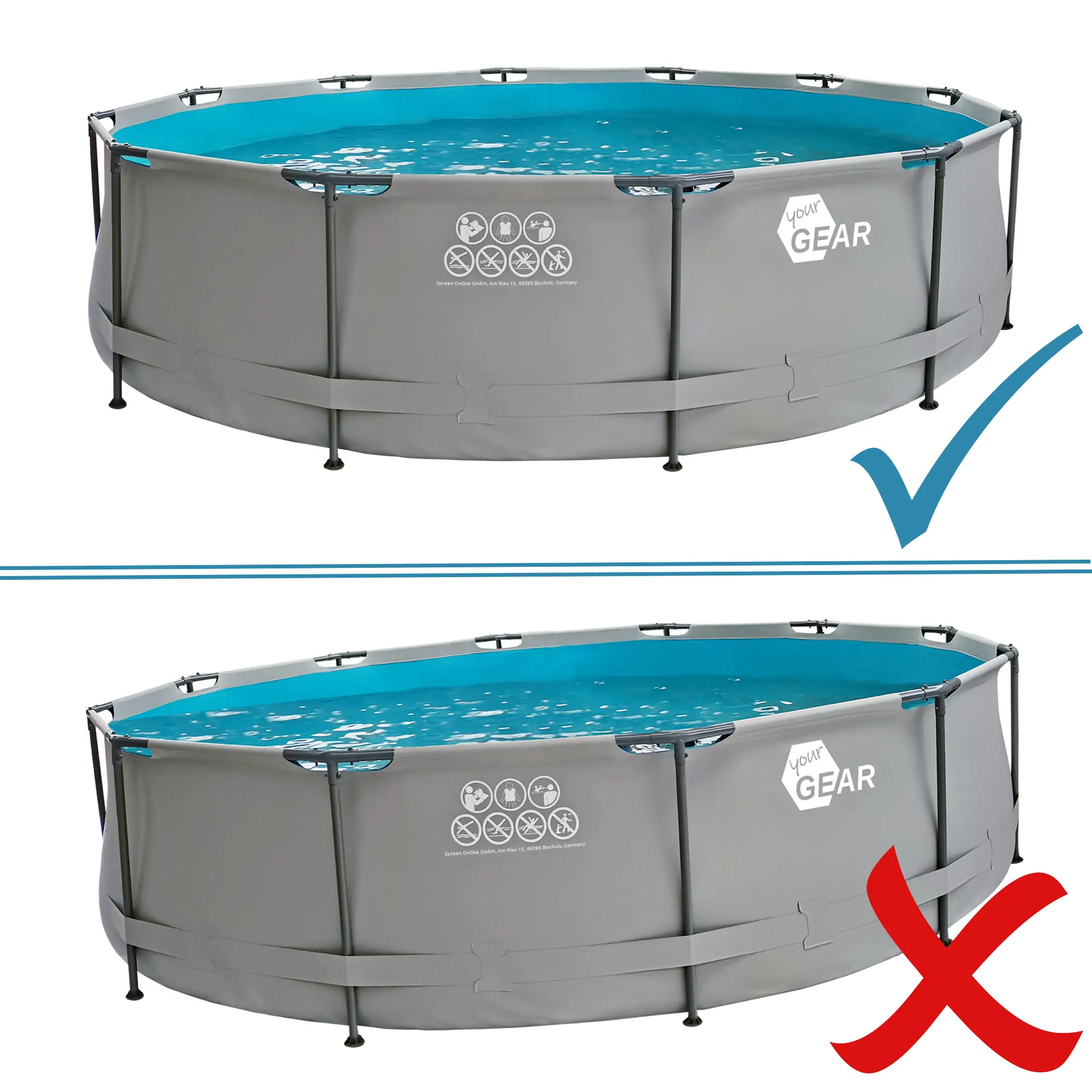 Pool yourGEAR Familien Pool grau, rund Ø 457 x 100 cm, Stahlrahmenbecken mit robustem Stahlrohr-Gestell und verstärkter Poolfolie, für Garten oder Terrasse. Korrekte und falsche Montage im Vergleich gezeigt.