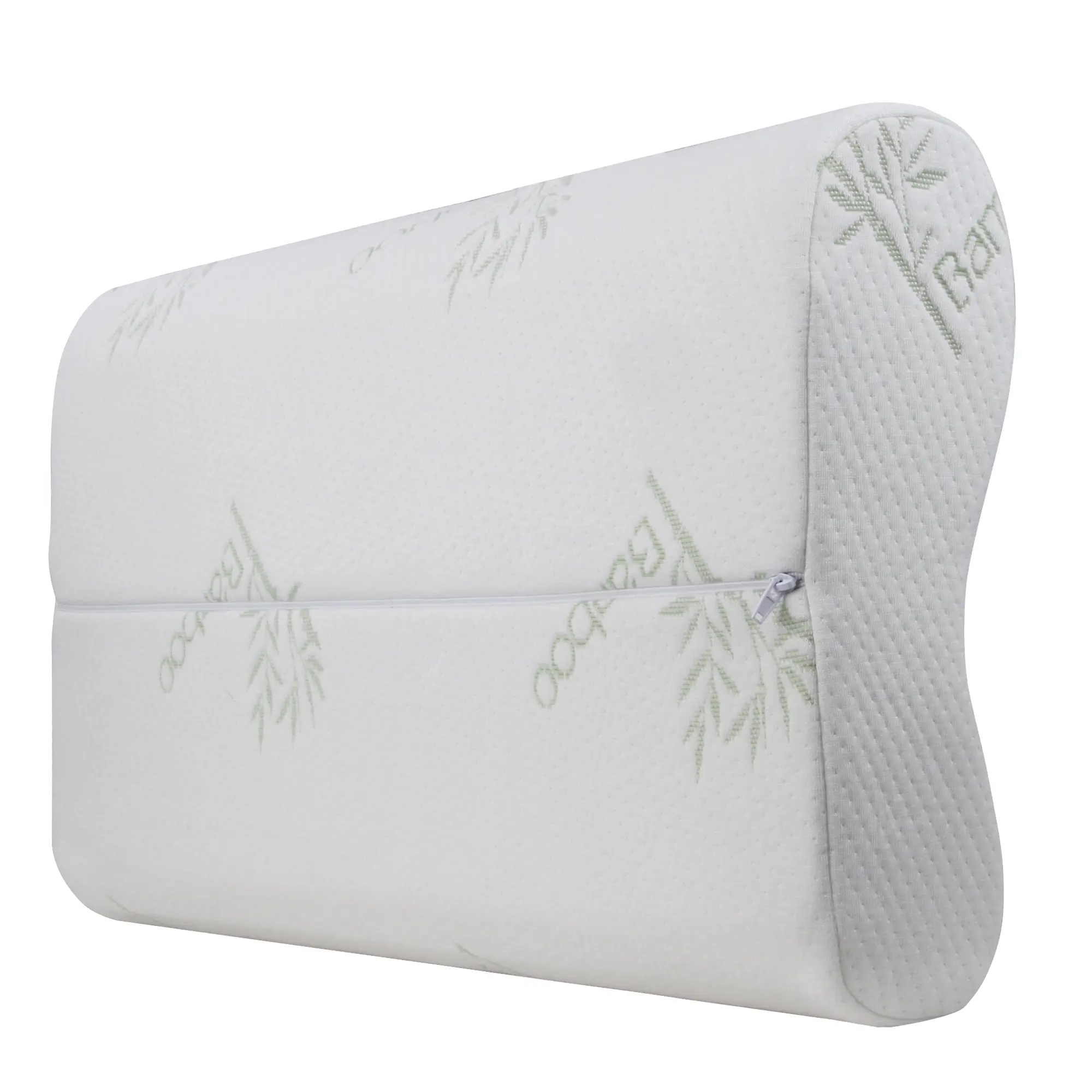Orthopedic yourGEAR bamboo memory foam pillow, ergonomic shape, white cover with green bamboo pattern, visible zipper, size 60x35x11.5 cm, ideal for neck support, hypoallergenic and suitable for side and back sleepers.