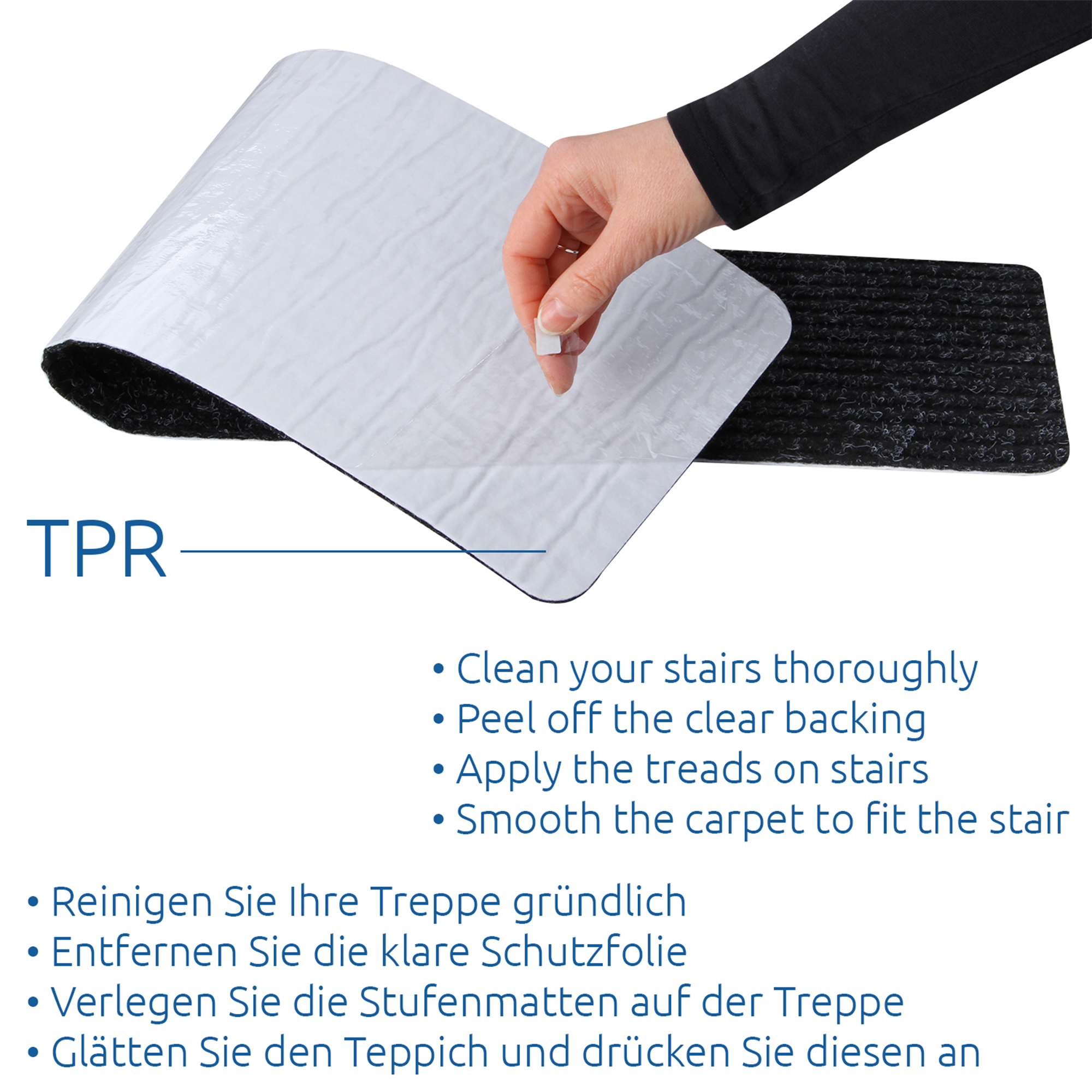 yourGEAR self-adhesive grey stair tread mat 76x20cm with TPR non-slip backing, shown with protective film being peeled off, suitable for reusable, secure placement on stairs. Instructions in English and German.