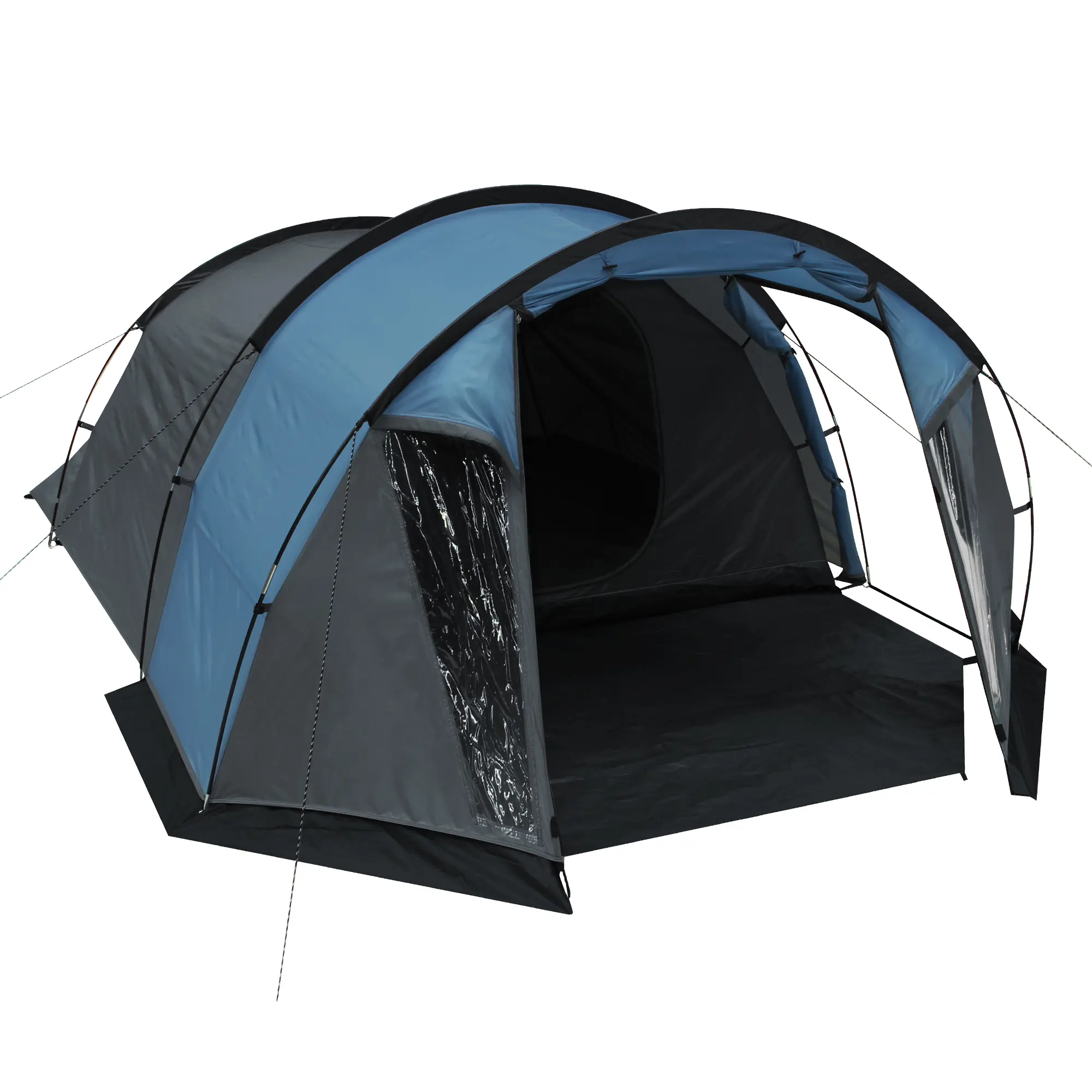 your GEAR Sopero 4-Personen-Tunnelzelt in Blau und Grau mit Seiteneingang, großen Fenstern, großzügigem Vorraum, wasserdichtem Material und stabilem Gestänge, ideal für Camping und Trekking.