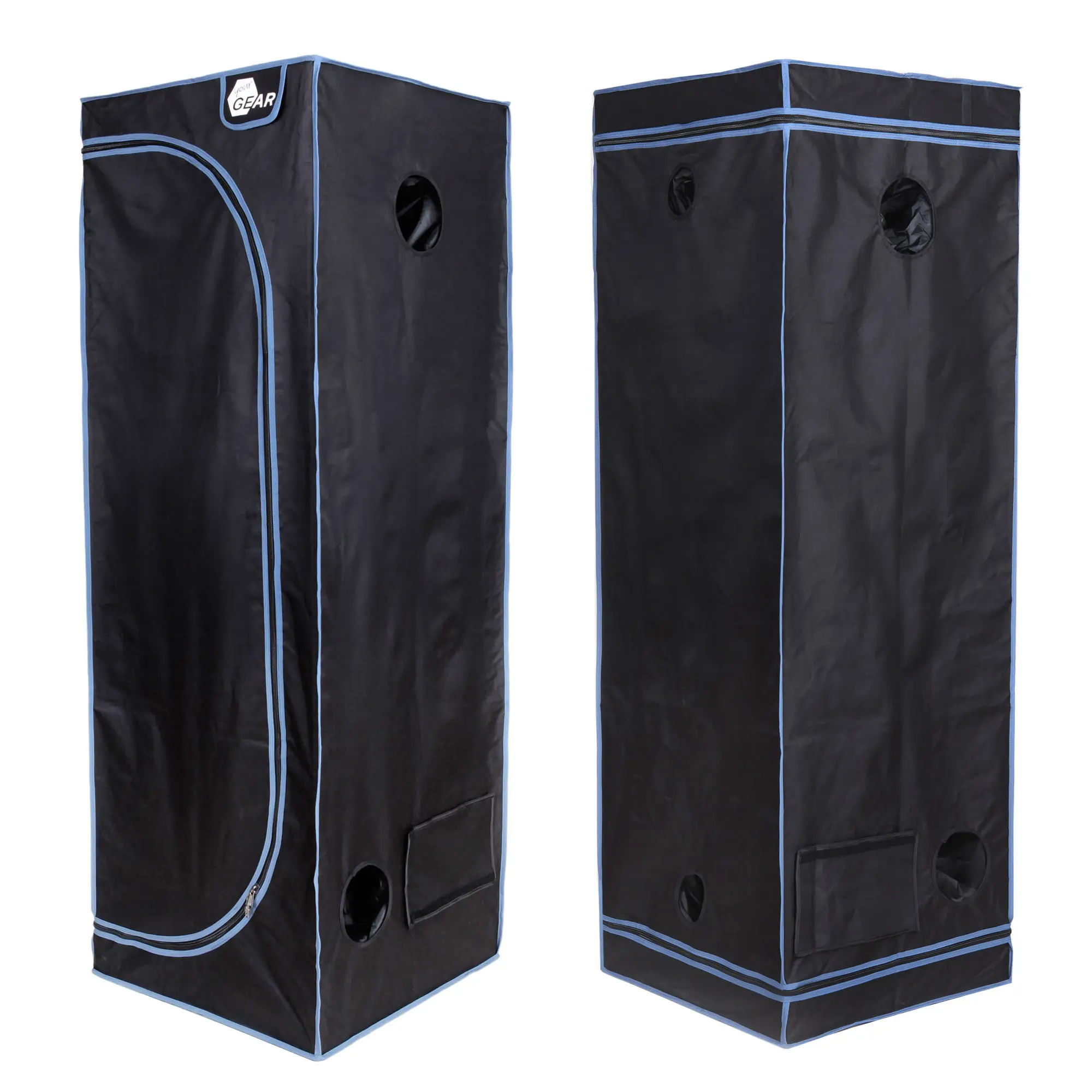 yourGEAR Grow Tent Plantsville 60x60x180 cm, black with blue trim, multiple vent openings, rectangular shape, designed for indoor plant cultivation; shown from two angles for detail.