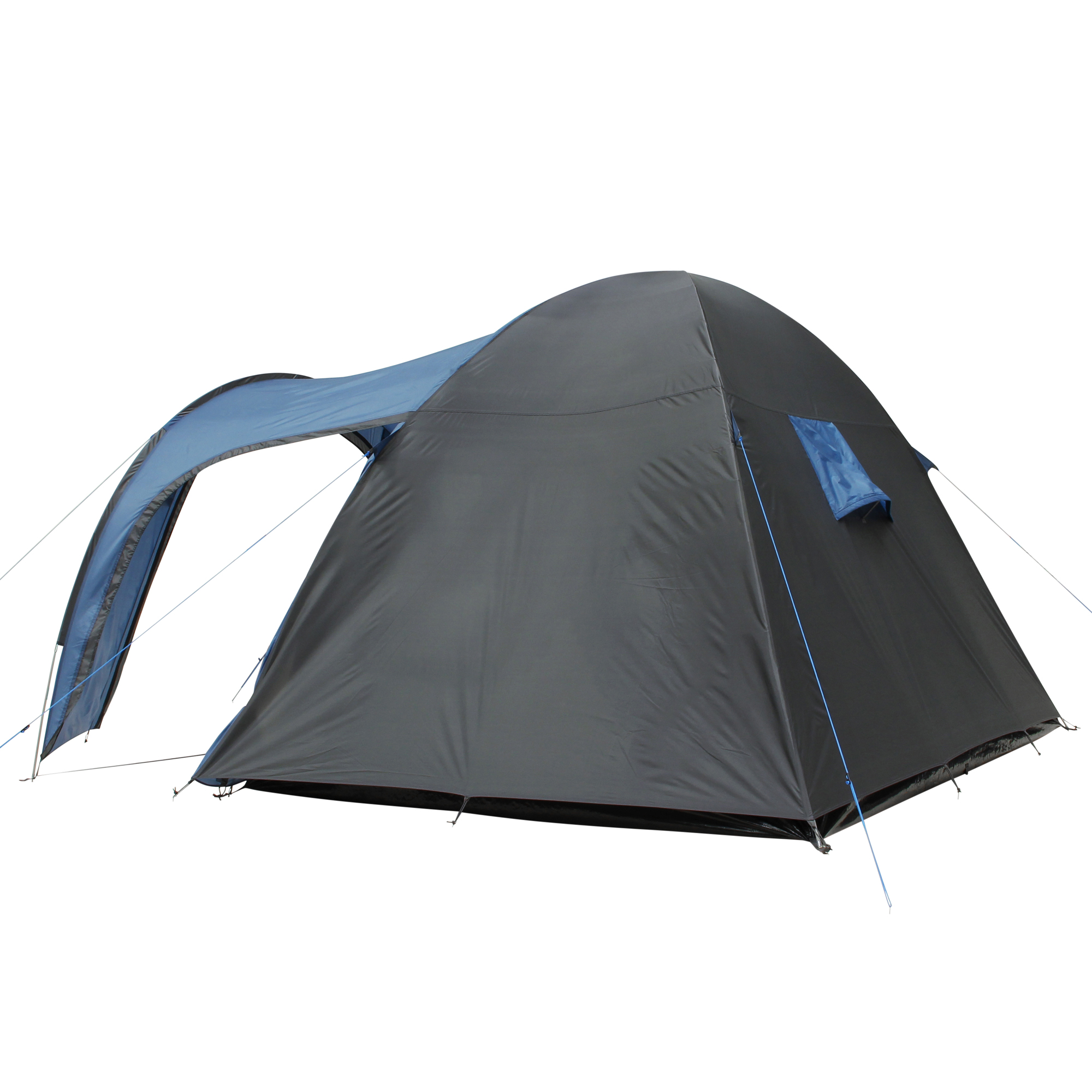 Dome tent your GEAR Cetona 4 for 4 people in blue and grey, spacious vestibule, side entrance, standing height, two windows, and weatherproof design with 3000 mm water column. Ideal for family camping.