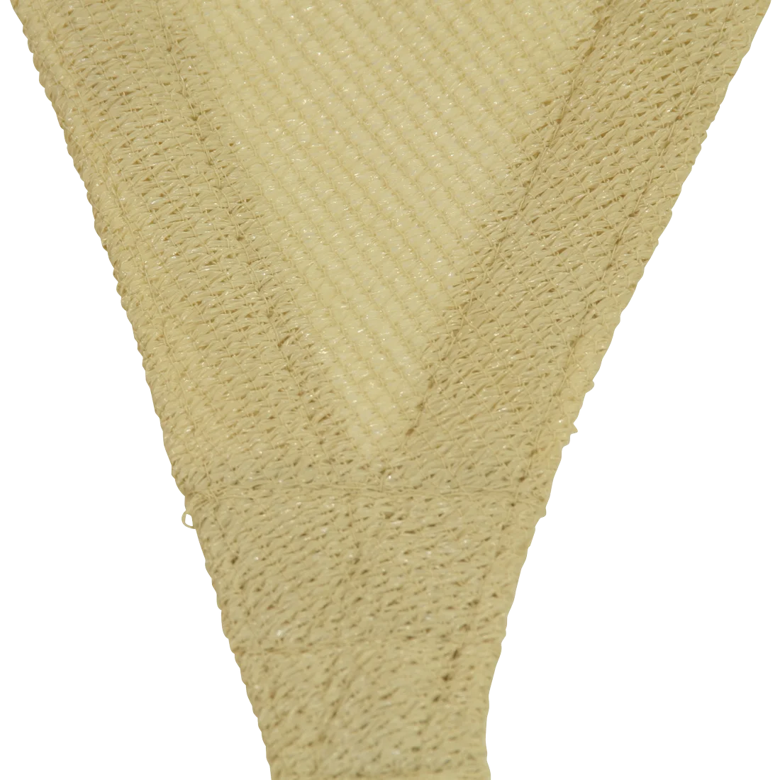 Detalle de la esquina del toldo triangular 10T Emerson de 5m, color beige, tejido transpirable y resistente, costuras reforzadas, ideal como protección solar para jardín, terraza o camping, con 90% de protección UV.