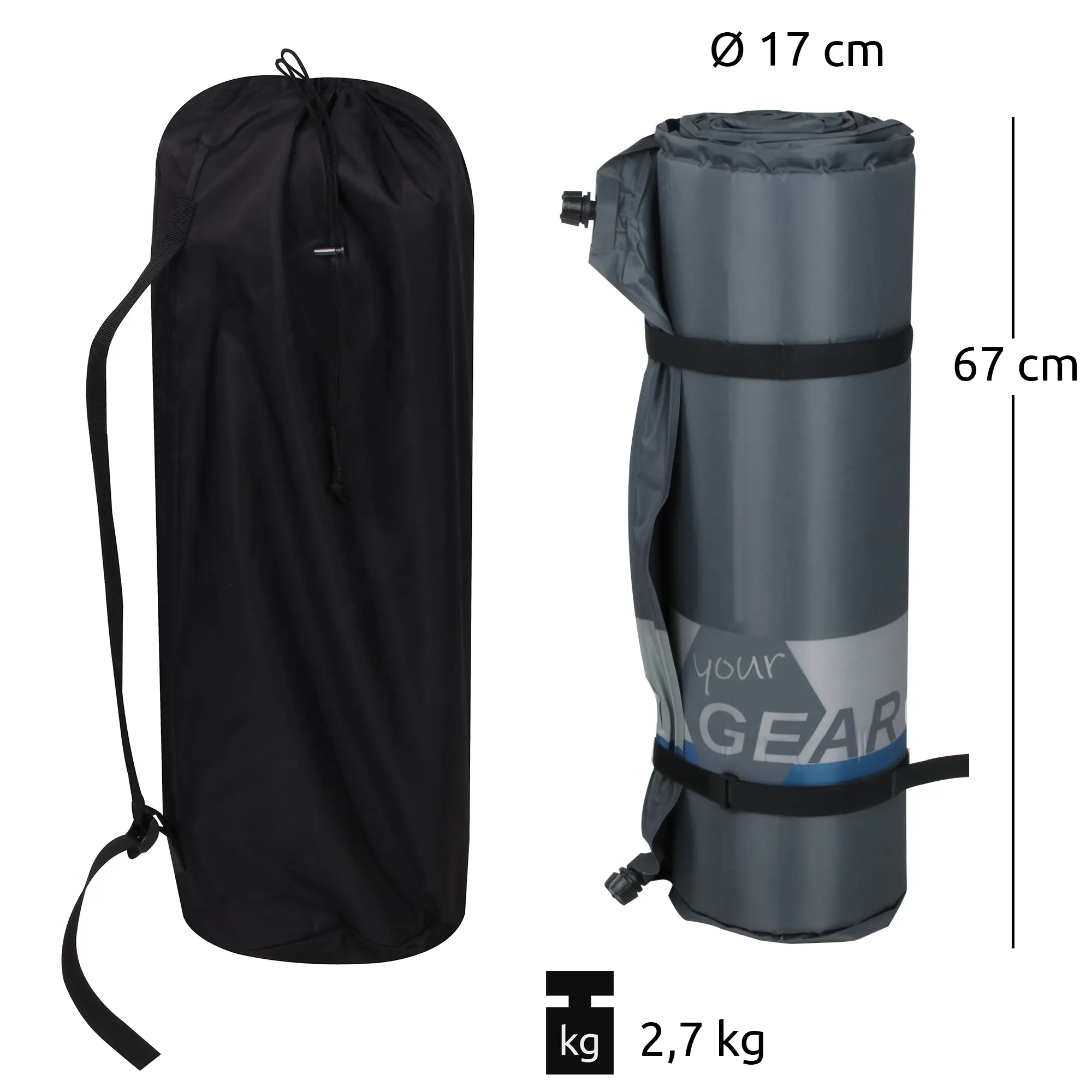 your GEAR ISO 700 esterilla autoinflable gris, enrollada, con funda de transporte negra. Dimensiones enrollada: 67 cm de alto, 17 cm de diámetro, peso 2,7 kg. Válvulas visibles para inflado automático.
