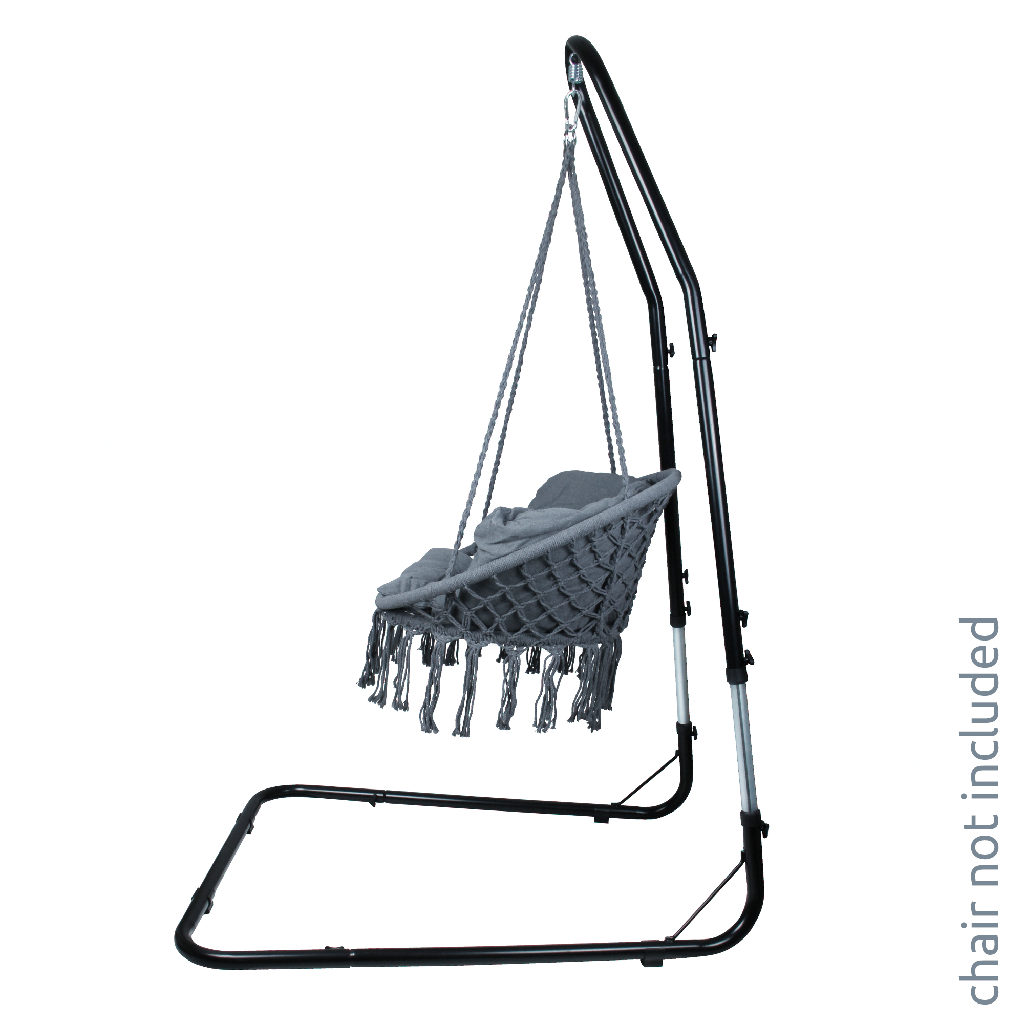 Höhenverstellbares your GEAR Hängesesselgestell aus schwarzem, pulverbeschichtetem Metall, mit stabilem Standfuß und TÜV-Prüfsiegel, geeignet für Hängestühle bis 240 kg, Hängesessel nicht enthalten.