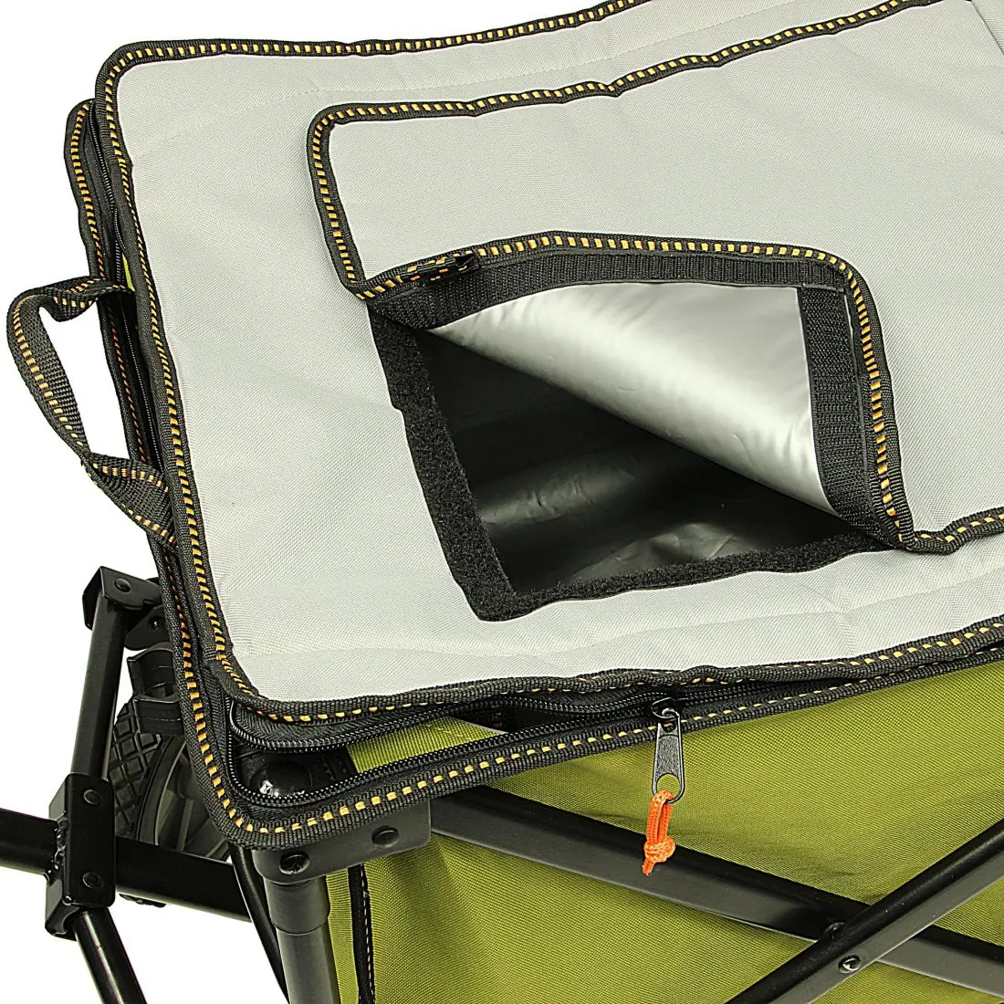 10T Cooler Trolley Bollerwagen mit integriertem Kühlfach, faltbar, grün mit robuster Abdeckung und Reißverschluss, isolierte Kühltasche sichtbar, ideal für Strand, Picknick und Ausflüge.