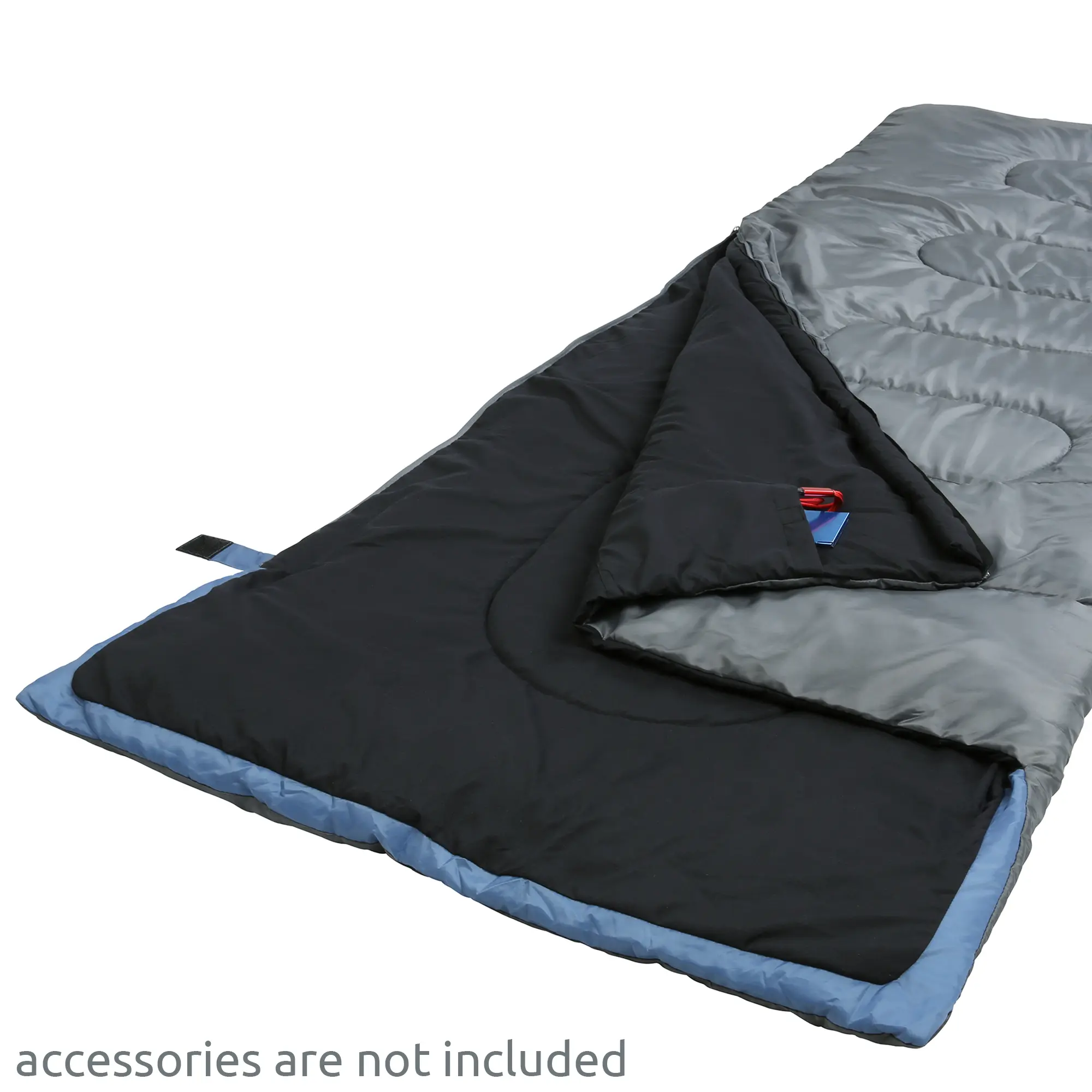 Sac de couchage your GEAR Marin bleu et gris 220x80 cm, forme rectangulaire, intérieur noir, matelassé, poche intérieure visible, adapté 3-4 saisons, idéal pour camping et personnes de grande taille.