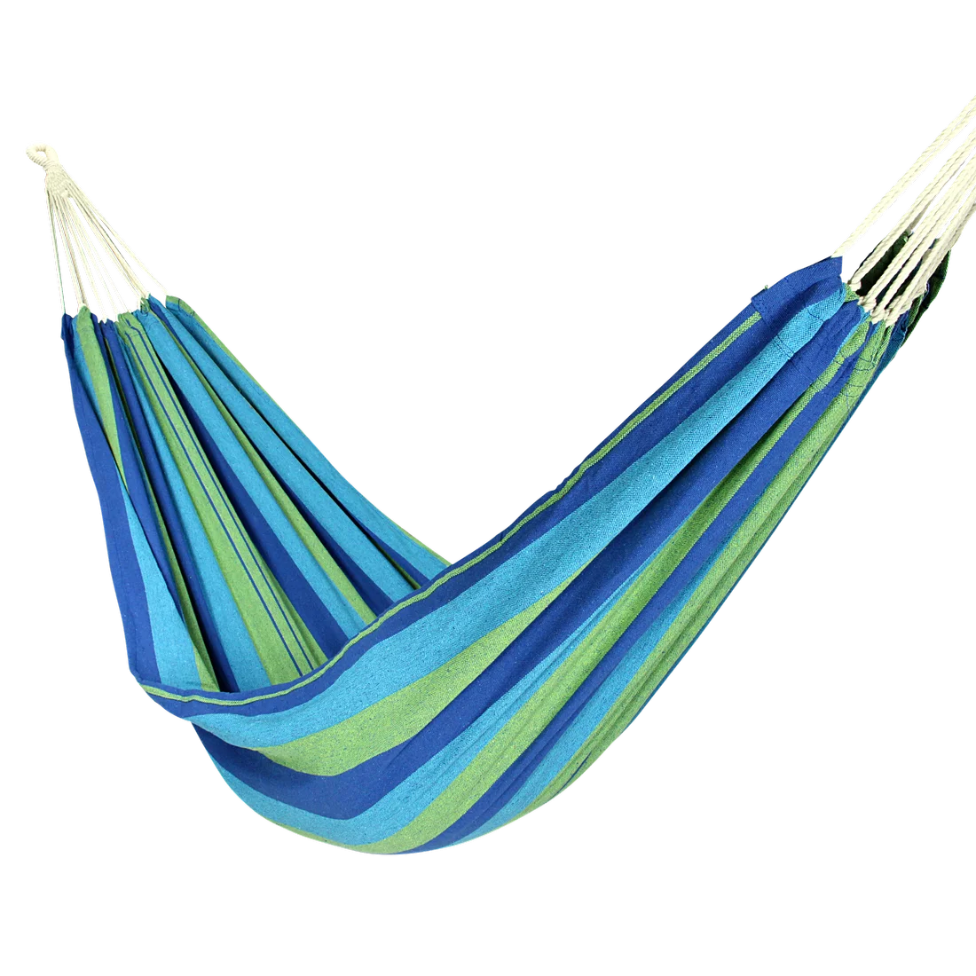 Hamac 10T AzurinXL pour 1 personne, 220x110 cm, en coton, rayures bleues et vertes, livré avec cordes de fixation robustes. Idéal pour jardin, terrasse ou camping.