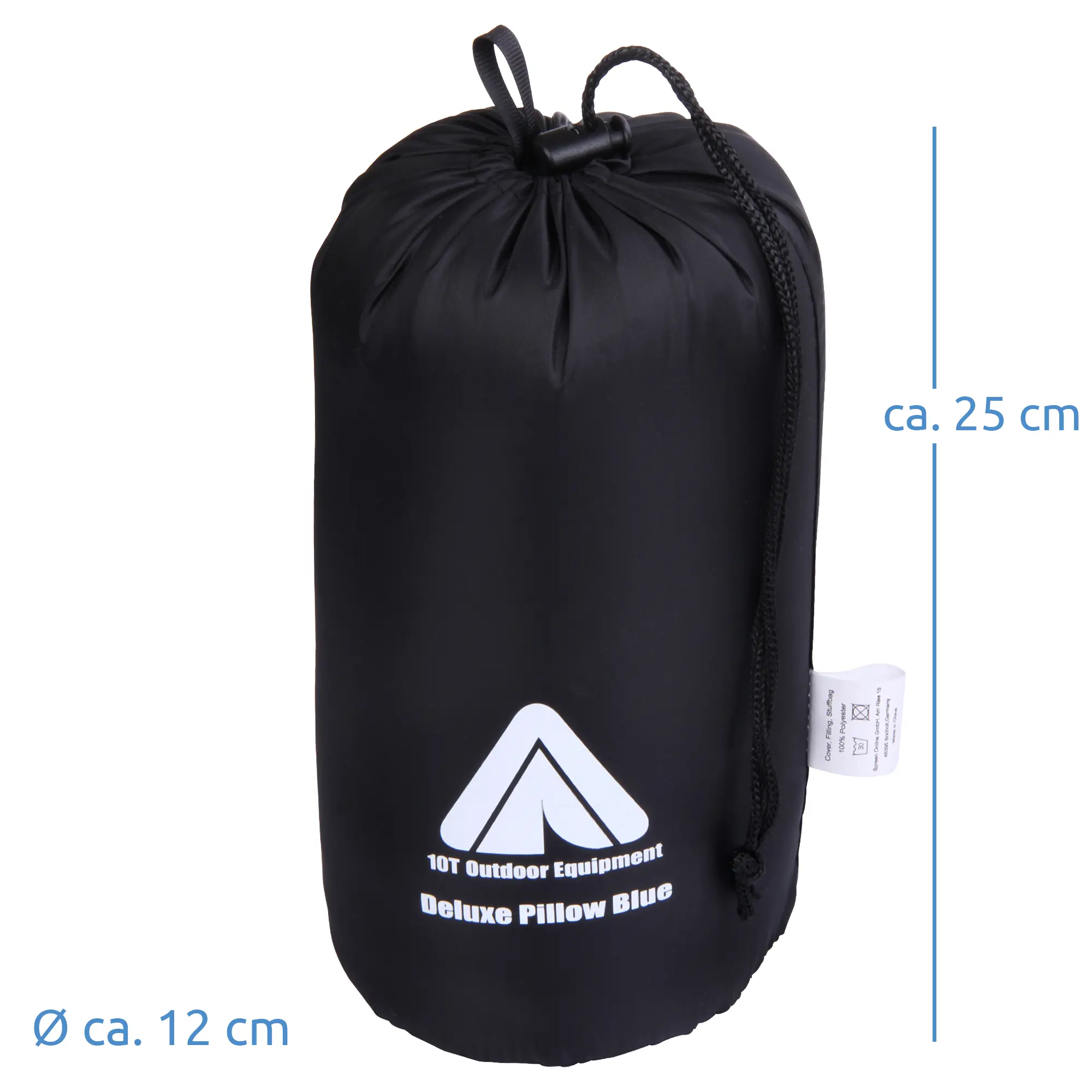 10T Deluxe Pillow Blue packed in a black drawstring bag, labeled with 10T Outdoor Equipment logo; bag size approximately 25 cm high and 12 cm diameter, ideal for travel and camping.