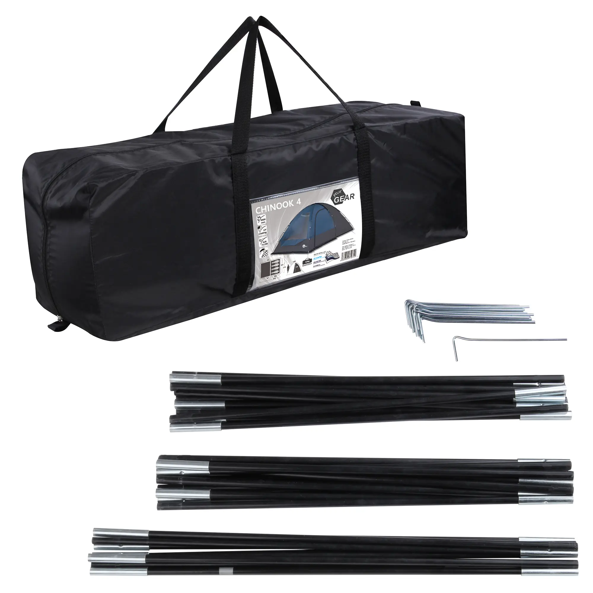 your GEAR Chinook 4 Kuppelzelt im Transportbeutel, mit Zeltgestänge und Heringen; Set für 4 Personen, ideal für Camping, kompakt verpackt, leicht zu transportieren. Zeltabbildung und Produktinfos auf dem Beutel.
