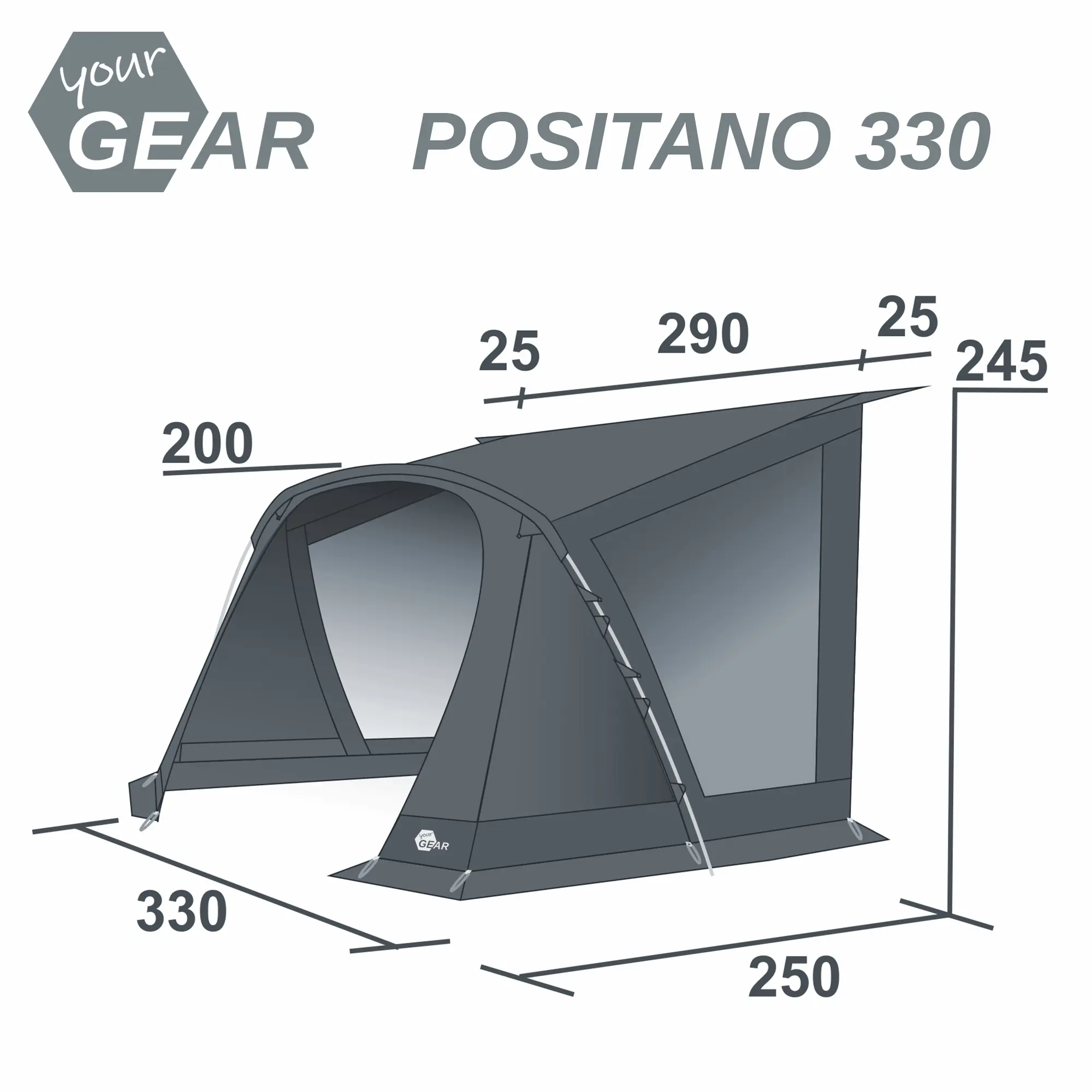 Vorzelt your GEAR Positano 330 für Wohnwagen, großes Modell mit 4 Fenstern, breiter Tür und Sonnendach, UV-Schutz 50+, Maße: 330x250x245 cm, leichtes Aluminium-Gestänge, grafische Maßdarstellung.