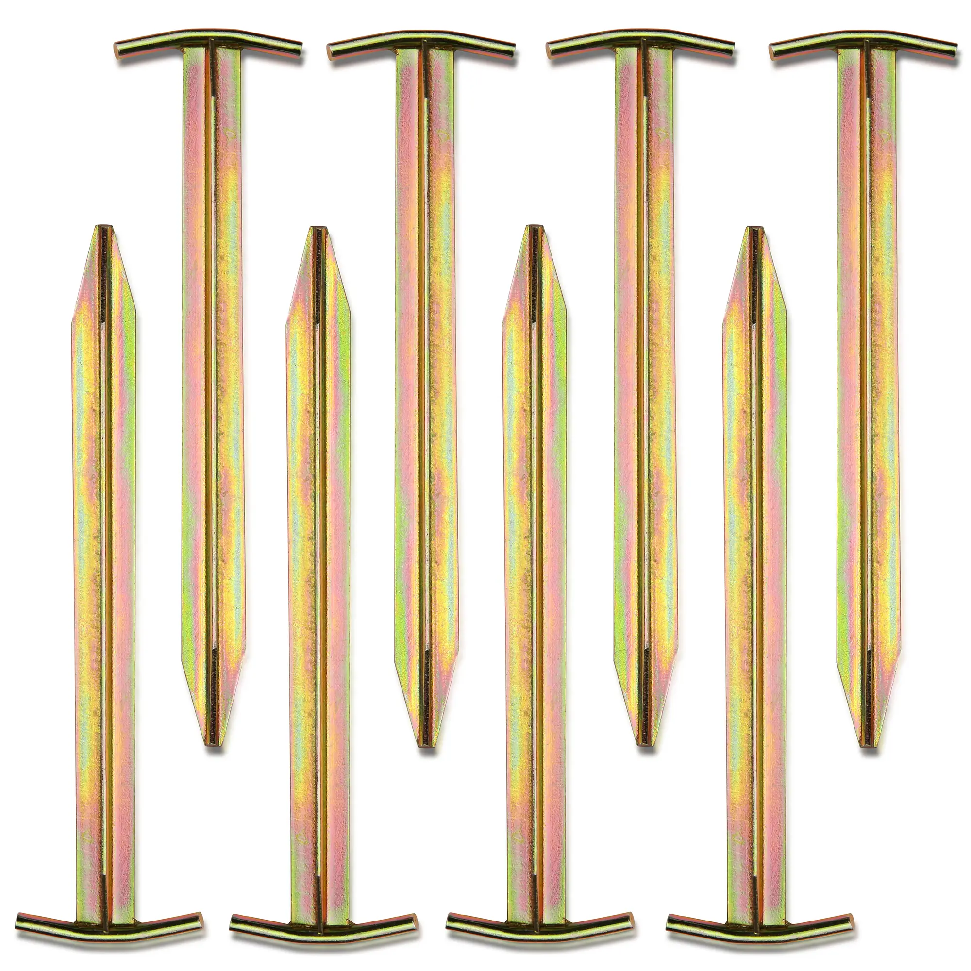 Set di 8 picchetti your GEAR TT 300 in acciaio con profilo a T, misura 300 x 80/25 x 20 mm, robusti e resistenti, ideali per tende e campeggio, finitura dorata, estremità appuntita e testa piatta.