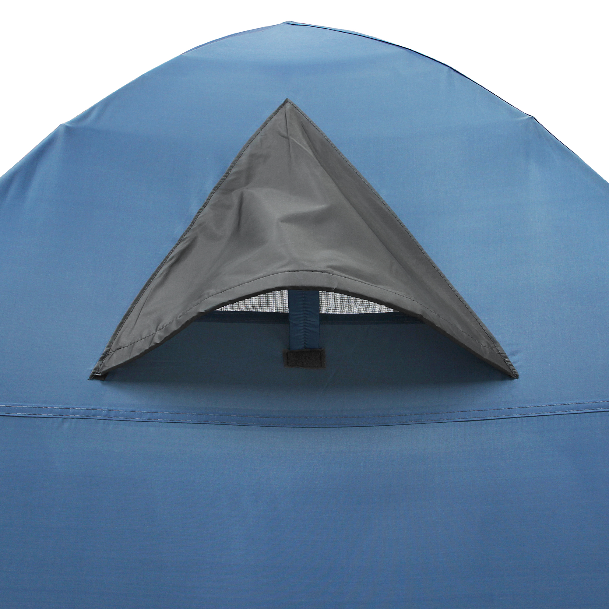 Dettaglio della tenda yourGEAR Bosa 3 persone, colore blu e grigio, con apertura di ventilazione protetta e cuciture impermeabili, ideale per campeggio e festival.
