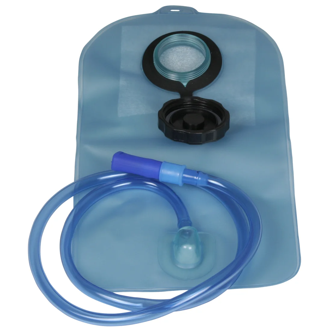 10T WB 1.5 L hydration bladder in blue, featuring a wide screw cap opening and a flexible drinking tube with bite valve, designed for backpacks and outdoor activities like hiking or trekking.