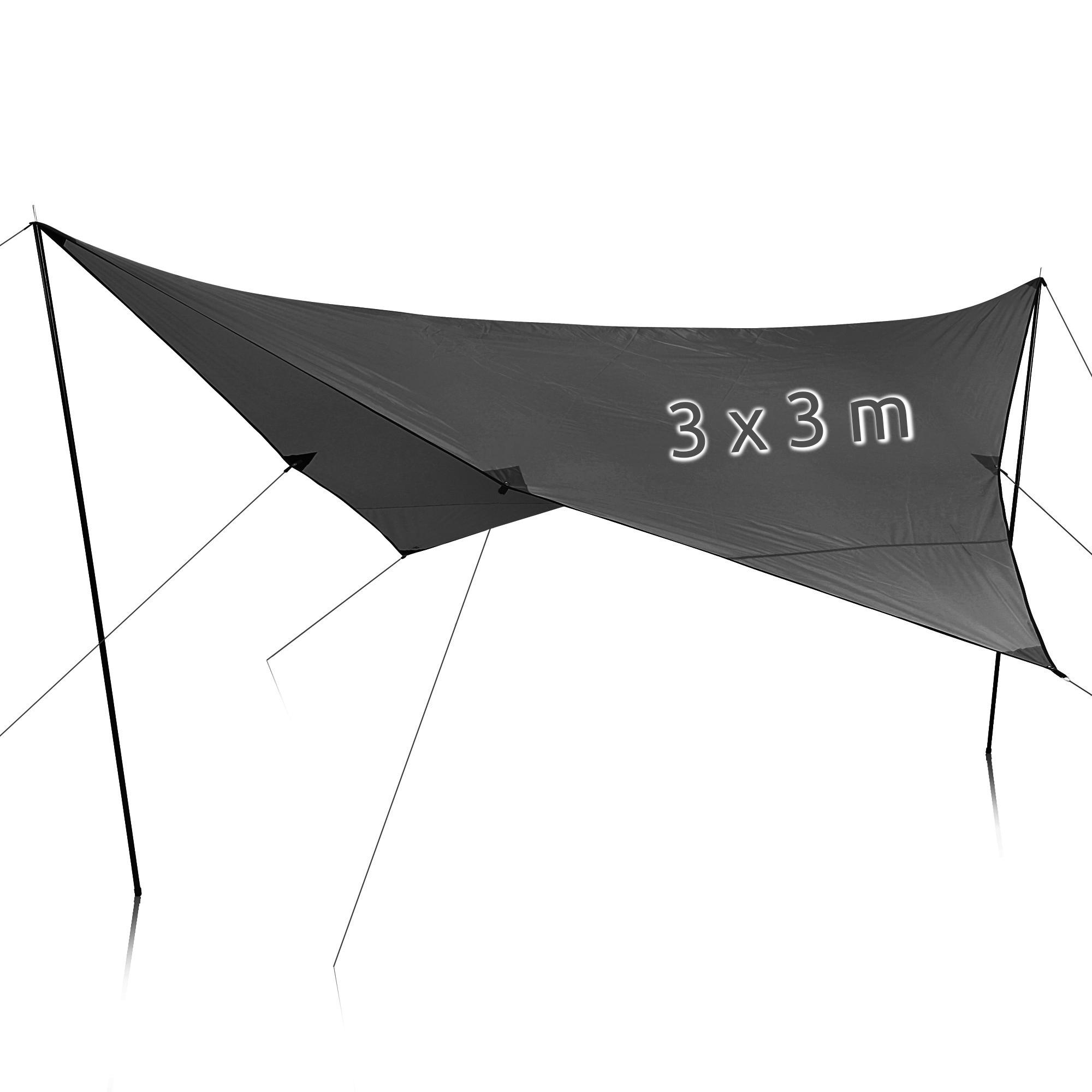 Tarp carré your GEAR Atrani 3x3 m gris-beige monté sur 2 poteaux, toile imperméable 5000 mm avec œillets et cordes, protection solaire UV50+, pli léger pour camping, plage ou jardin.