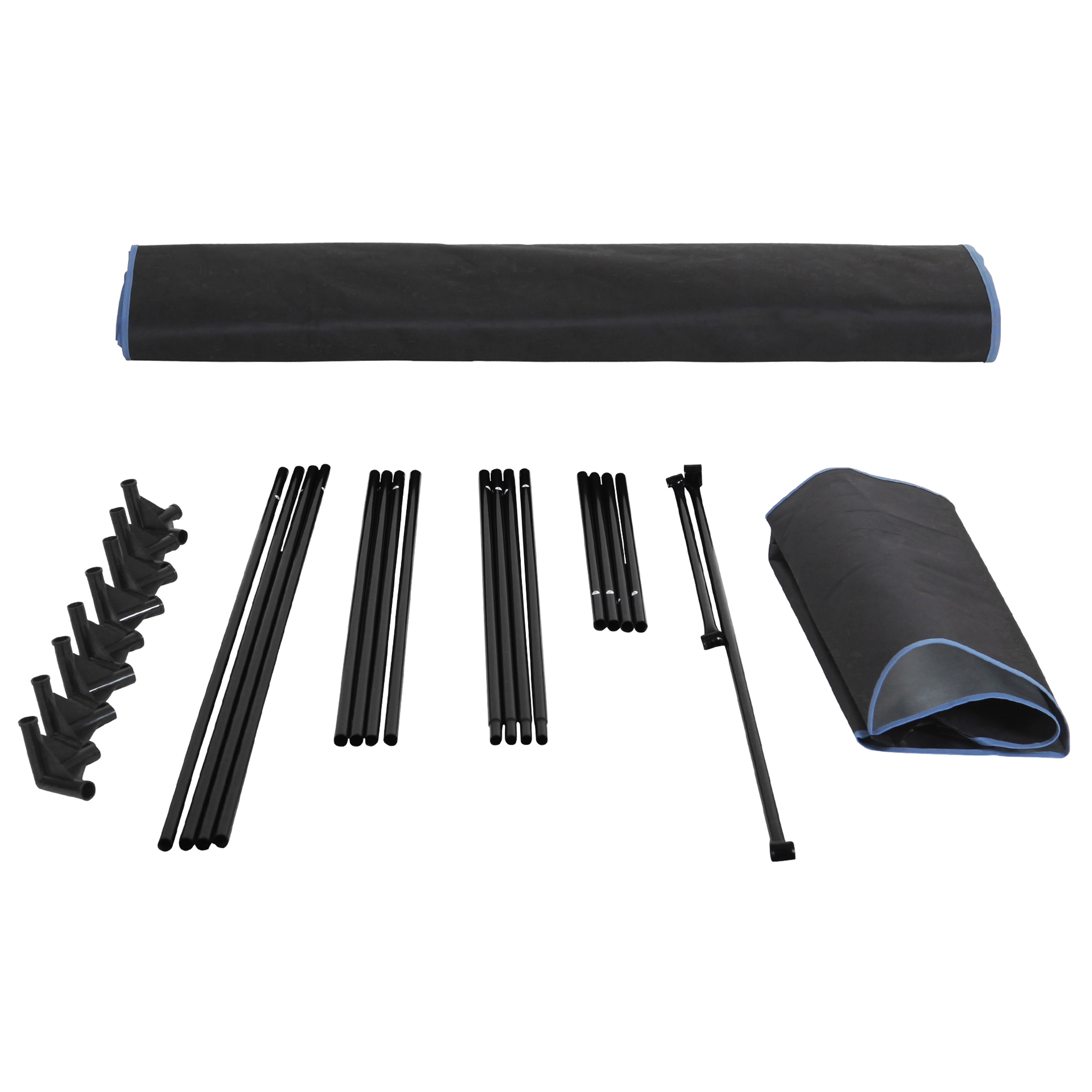Partes del yourGEAR Growzelt Plantsville: tubos metálicos negros, conectores de plástico y lonas negras para montar la growbox interior de 120x60x180 cm para cultivo de plantas en interior.