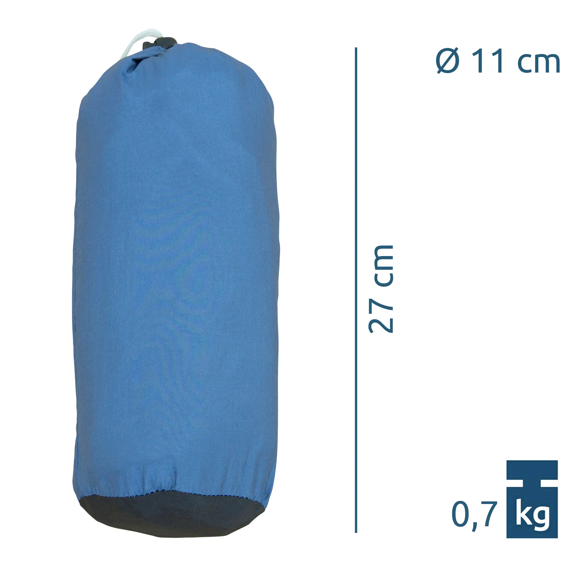 Housse de transport bleue pour hamac yourGEAR Zion, dimensions 27 cm de hauteur et 11 cm de diamètre, poids léger de 0,7 kg, idéale pour le transport et le rangement du hamac ultraléger.