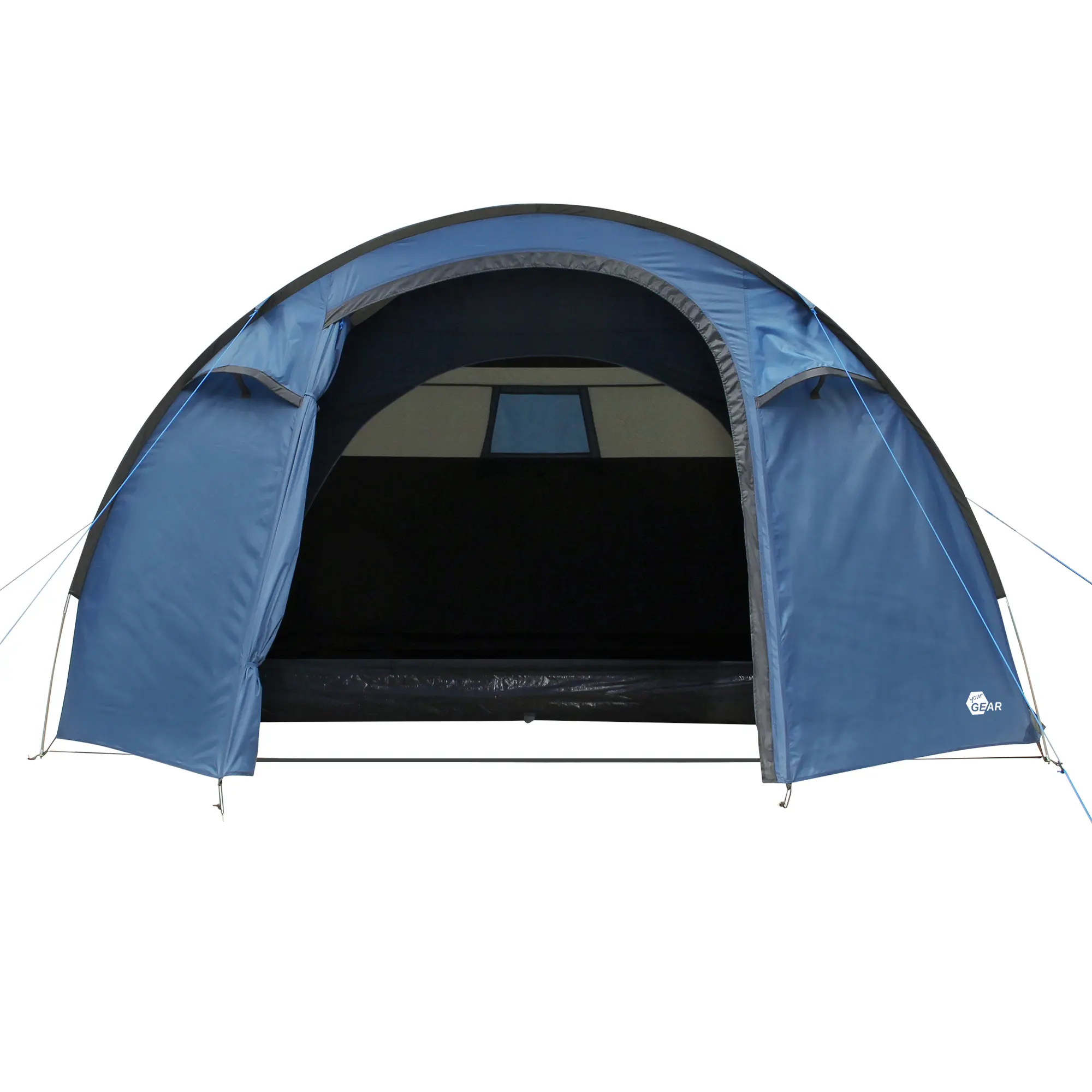 Kuppelzelt your GEAR Cetona 4 für 4 Personen, blau-grau, mit großem Vorraum, Seiteneingang und Stehhöhe, geöffnetes Zelt zeigt geräumigen Innenraum und Fenster, ideal für Camping und Outdoor.