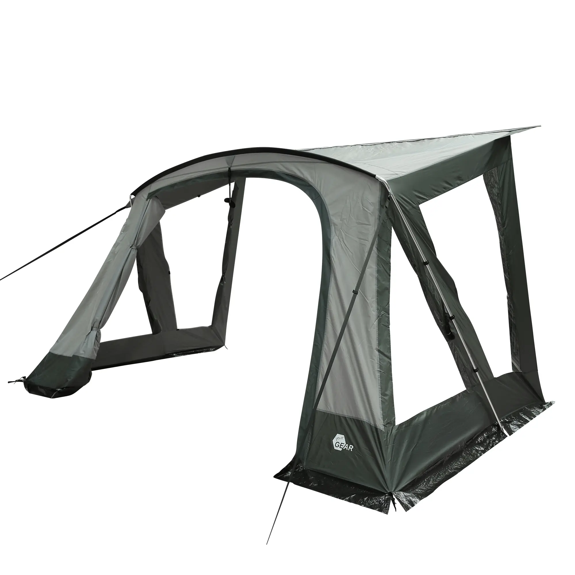 Avance de tienda your GEAR Positano 330 para caravana, color gris, con cuatro grandes ventanas, amplia puerta frontal y techo tipo toldo. Material resistente con protección UV 50+ y estructura de aluminio ligera.