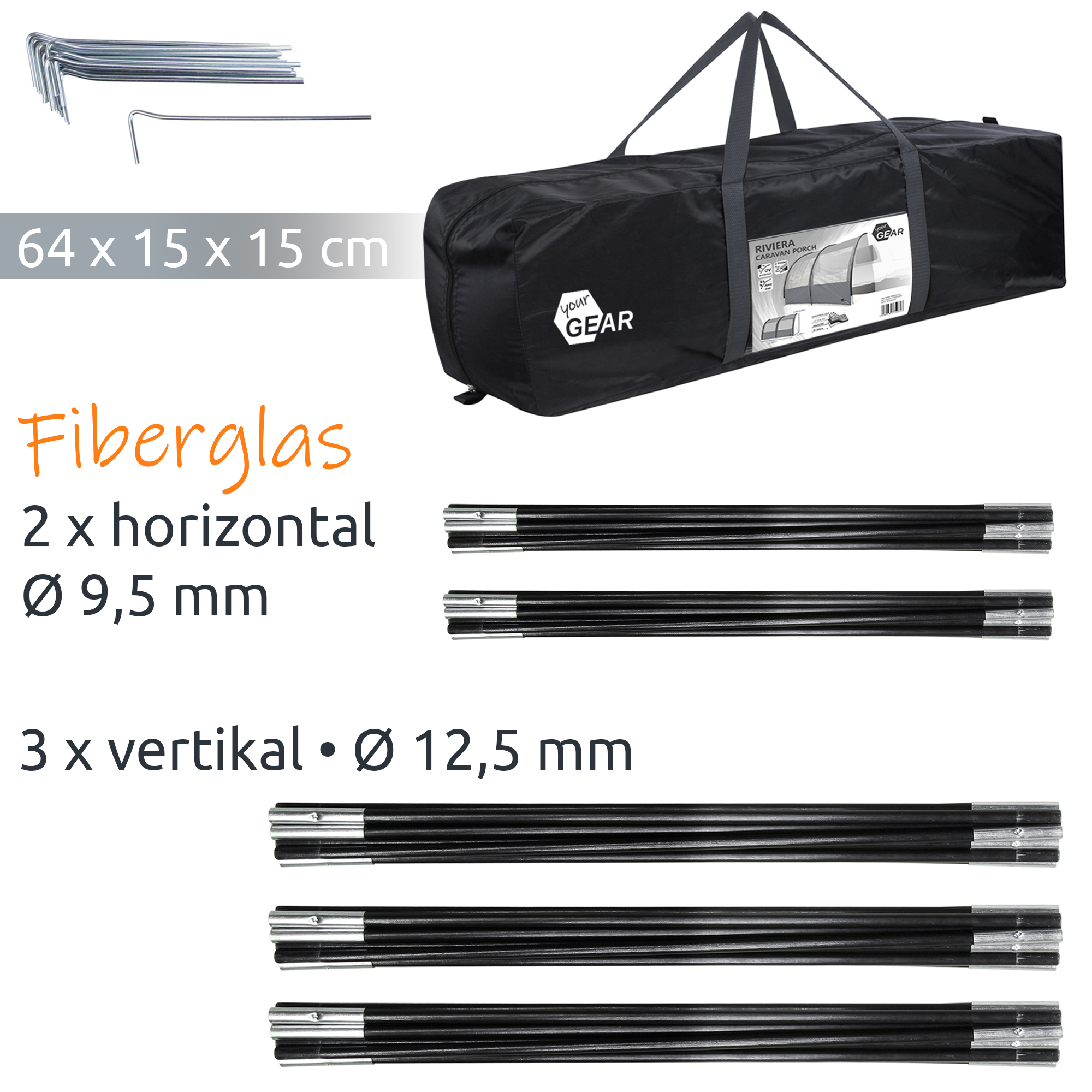Bolsa negra de transporte con logotipo "your GEAR" que contiene toldo Riviera grey 250 (2,5×2,6 m), varillas de fibra negras (horiz. Ø9,5 mm y vert. Ø12,5 mm) y piquetas metálicas, toldo UV50+ para caravanas y autocaravanas.
