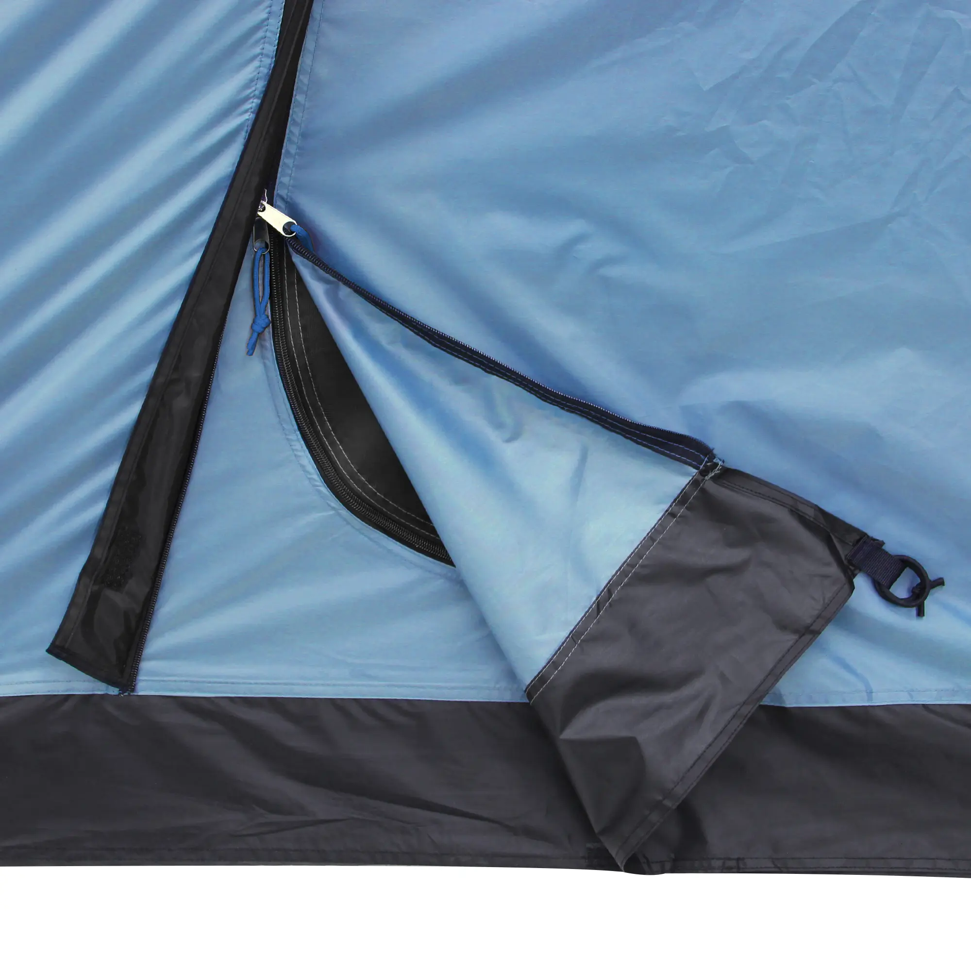 Detail view of the your GEAR Lido 290 tipi tent showing the waterproof 5000 mm floor pan, sewn-in groundsheet, and zippered entrance with integrated insect protection. Suitable for 2-3 people, blue and black material.