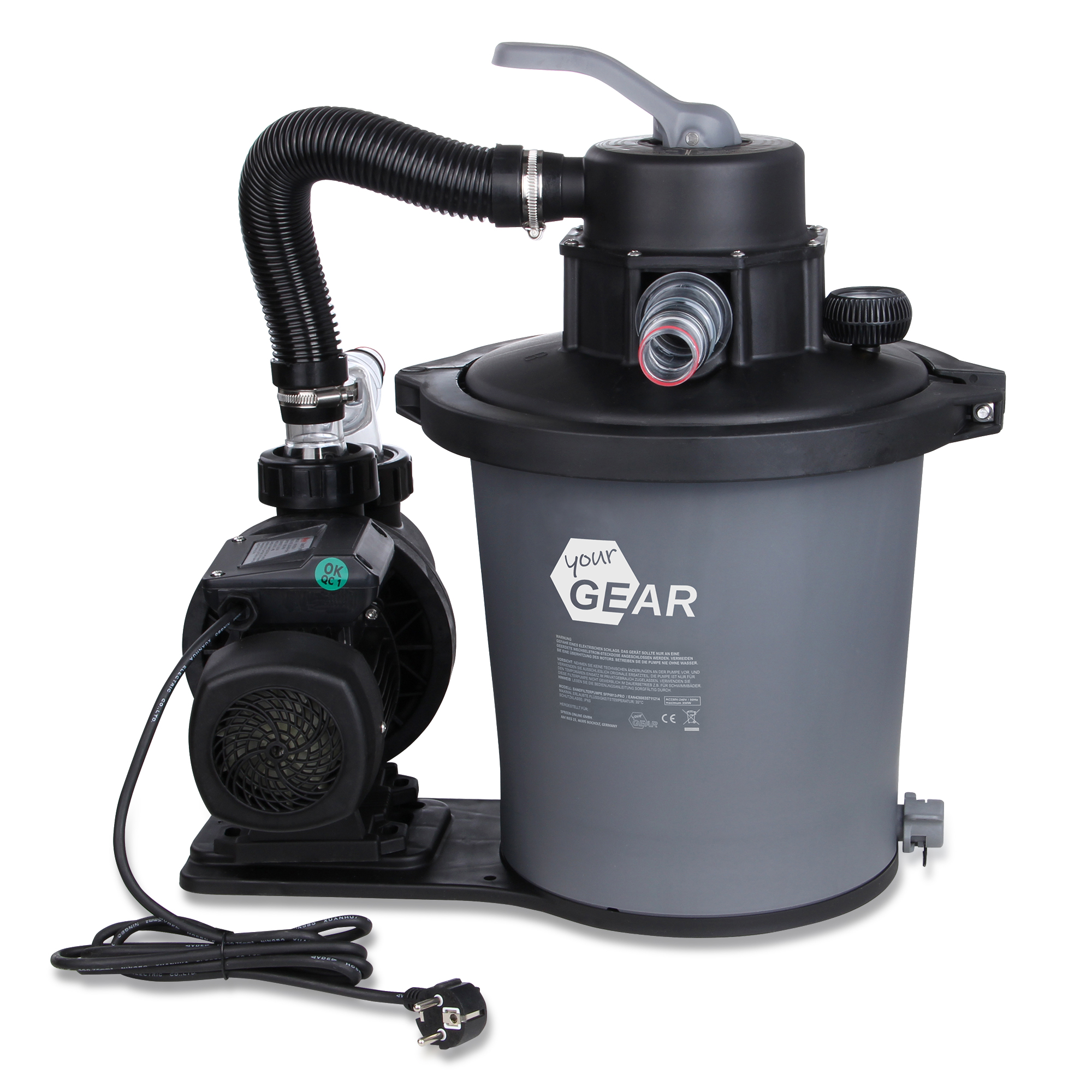 yourGEAR sand filter system SFP 6813 with 6-way valve, large gray filter tank, black pool pump, flexible hose, and power cord; designed for swimming pools up to 30 m³ for clear water filtration.