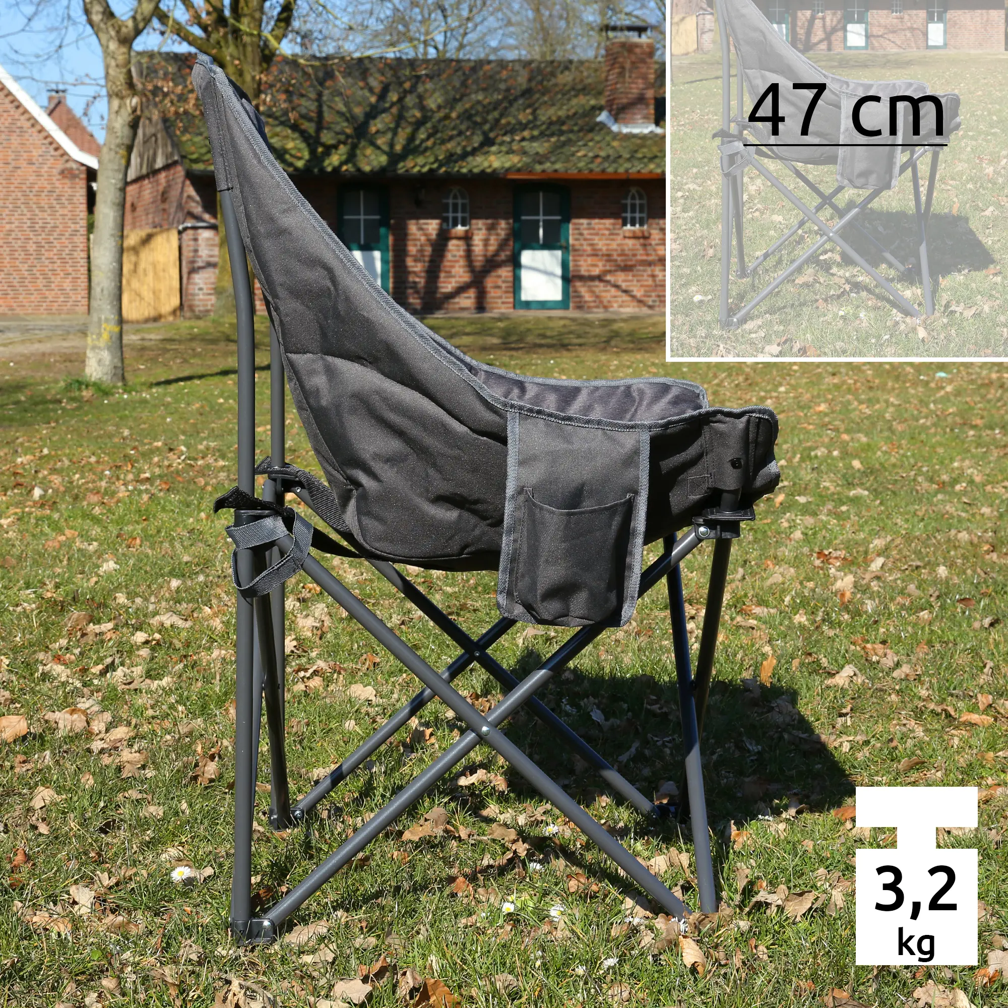 Silla de camping XXL your GEAR Imola, plegable y acolchada, con respaldo alto, estructura de acero, asiento extra ancho de 47 cm, bolsillo lateral y peso de 3,2 kg, color gris, ideal para exteriores.